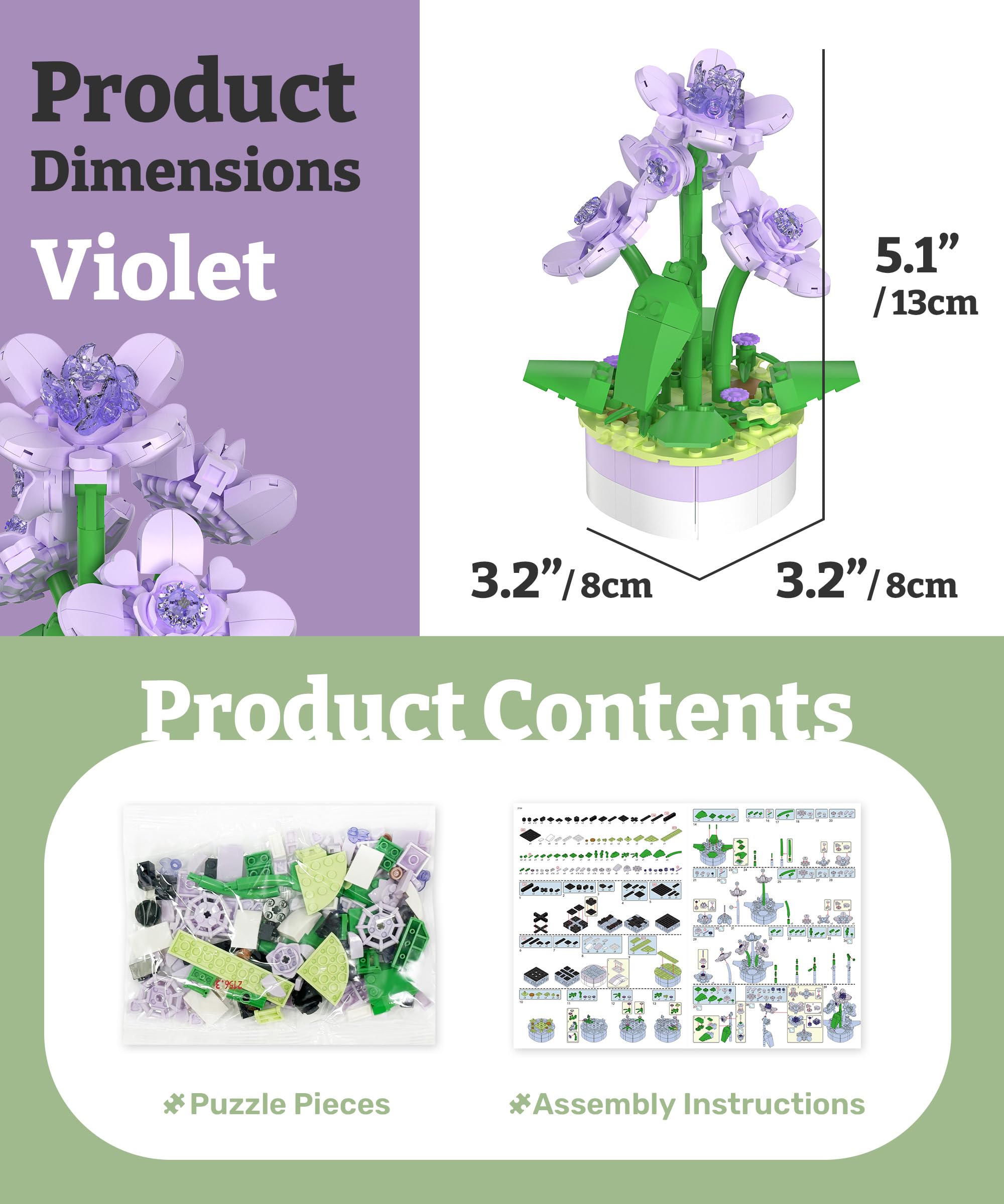 PieceRelax Flower Bouquet Building Decoration Set, Artificial Flowers Mini Bricks Potted Violet - Image 4