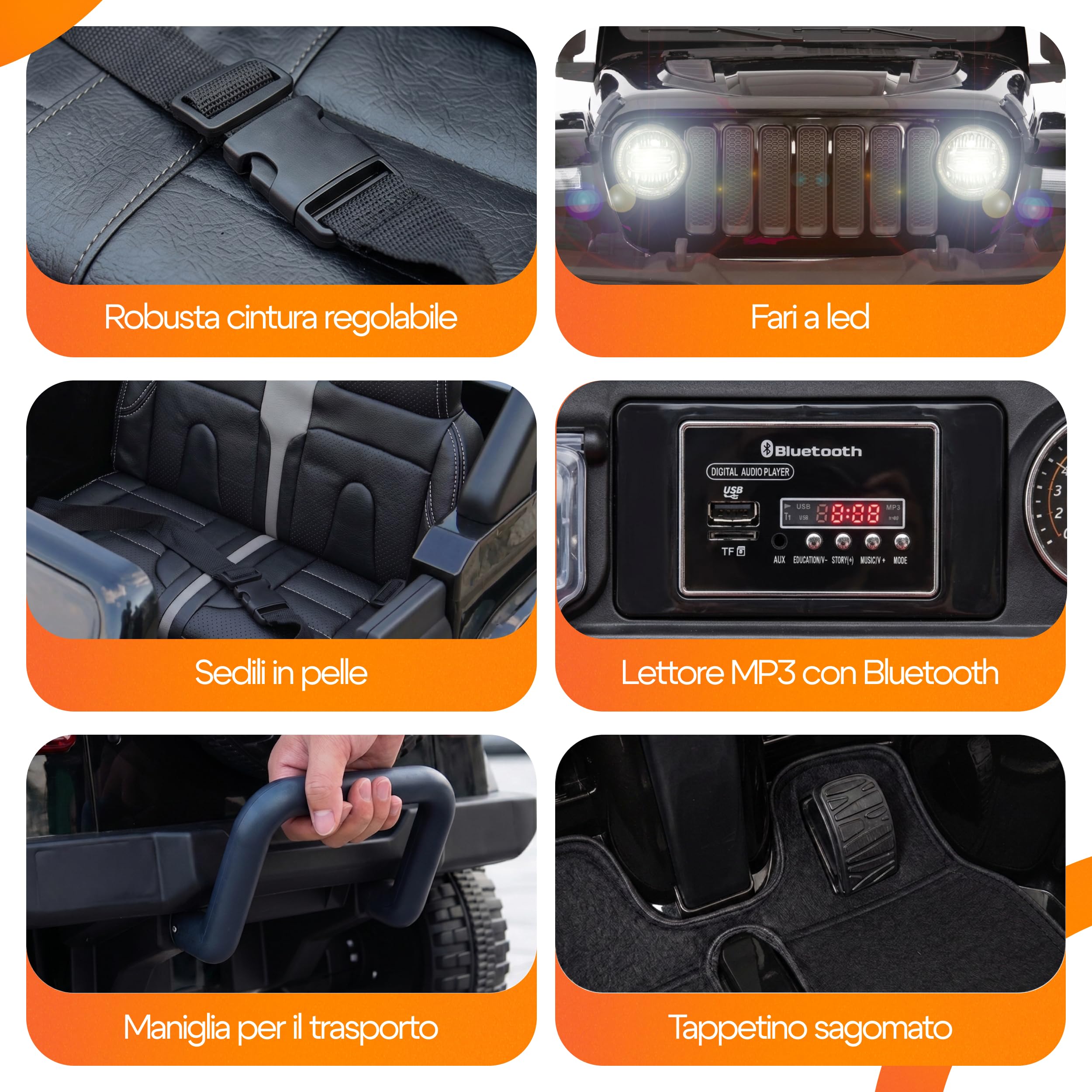 BabyCar Jeep Elettrica Per Bambini | Auto con Sedili in Pelle, Porte Apribili, MP3/USB/Micro SD | Macchina Elettrica per Bambini 12V con 2 Motori 35W | Licenza Ufficiale Jeep | Nero