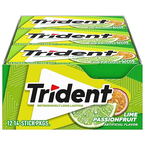 12 paquetes de 14 unidades cada uno es decir, en total son 168 unidades de goma de mascar Trident Lime Passion Fruit Twist sin azúcar sabor lima
