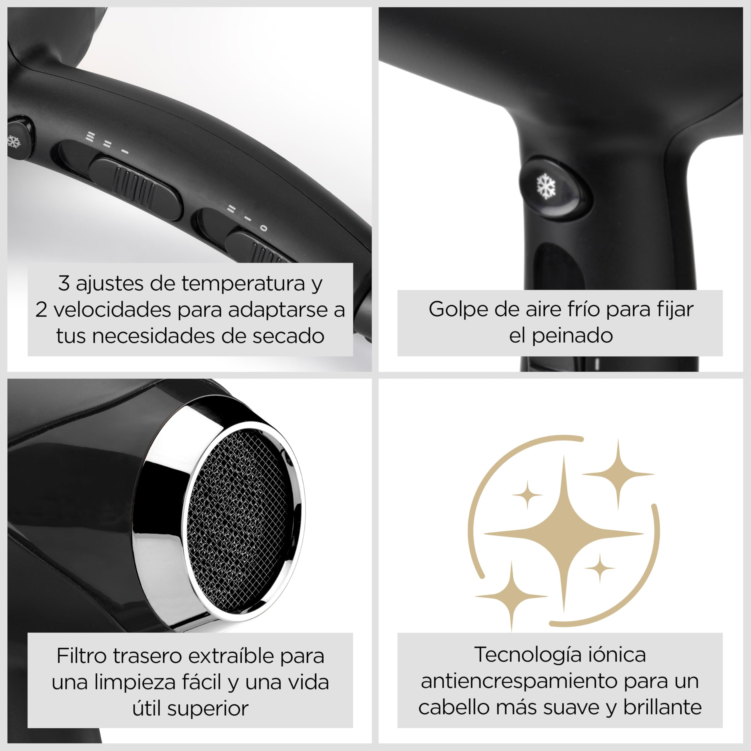 BaByliss Secador de Pelo Turbo Smooth - Secador potente de 2200W, Difusor grande, Tecnología iónica antiencrespamiento, 3 ajustes de temperatura 2 velocidades, Negro, D572DE
