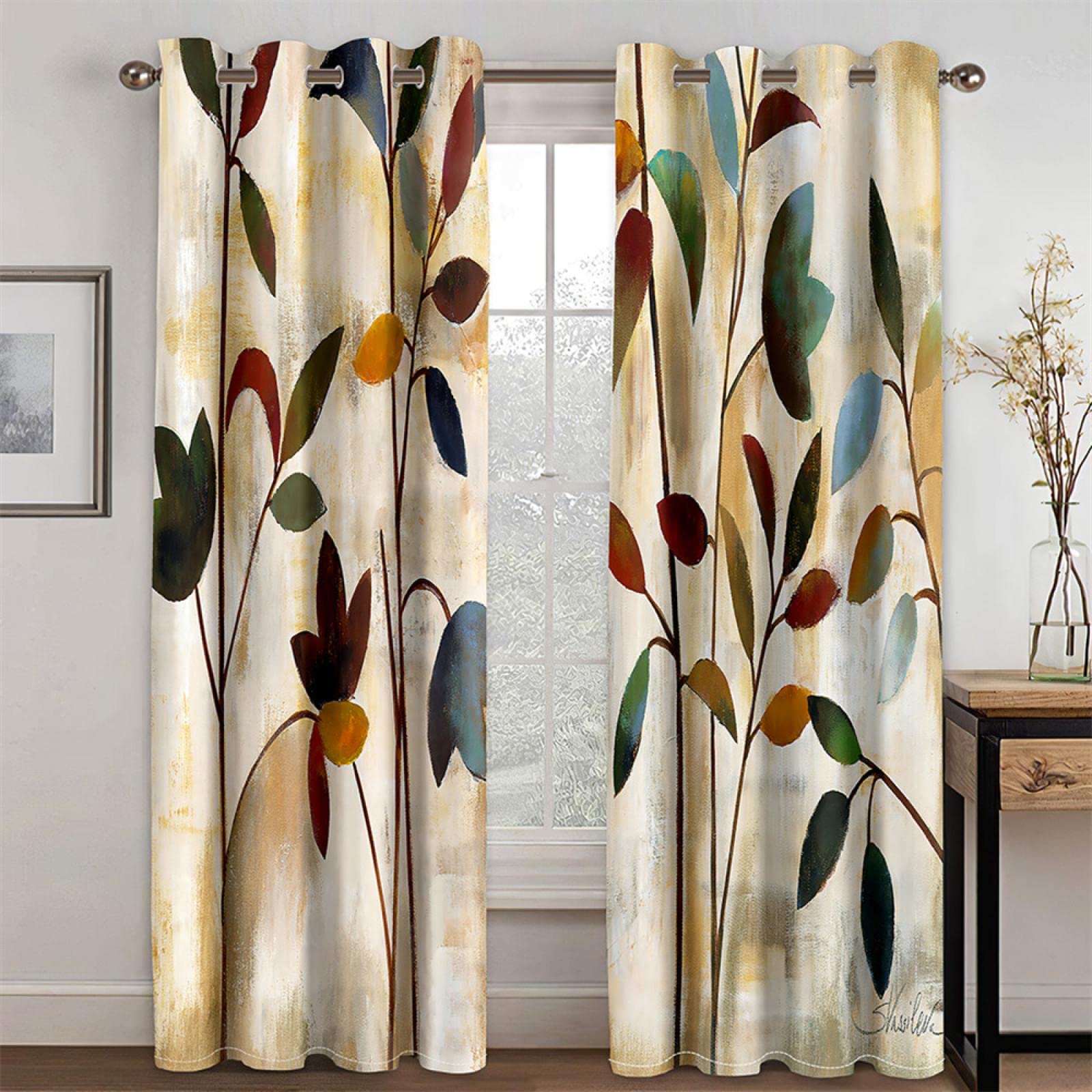 Blackout Curtains 3D Modern Luxury Elegant Leaf Art Design Ink 2 Pieces Thin Shading Polyester Curtain Bedroom Home Decor WxH/2x28x83inch Printed