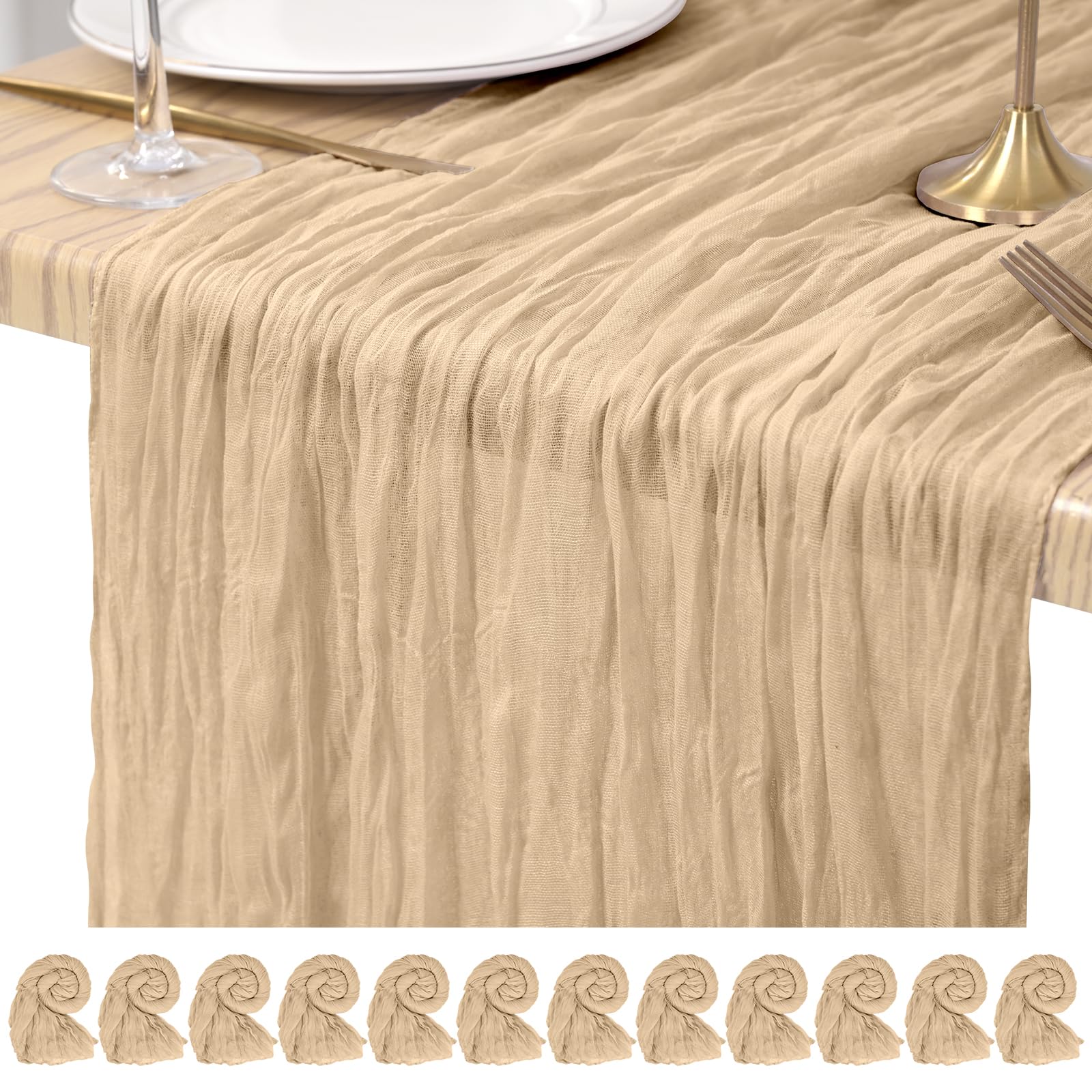 Pesonlook Cheesecloth Table Runner Beige, 12 Pack 17.7x108 inch, Long
