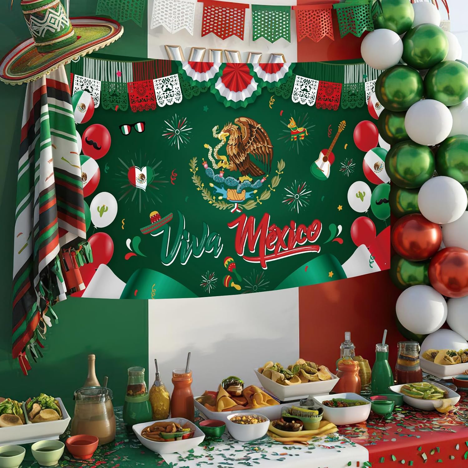 AIBIIN Mexican Independence Day Backdrop Viva Mexico Banner Mexican Fiesta Indoor Outdoor Party Deocrations 6x3.6ft