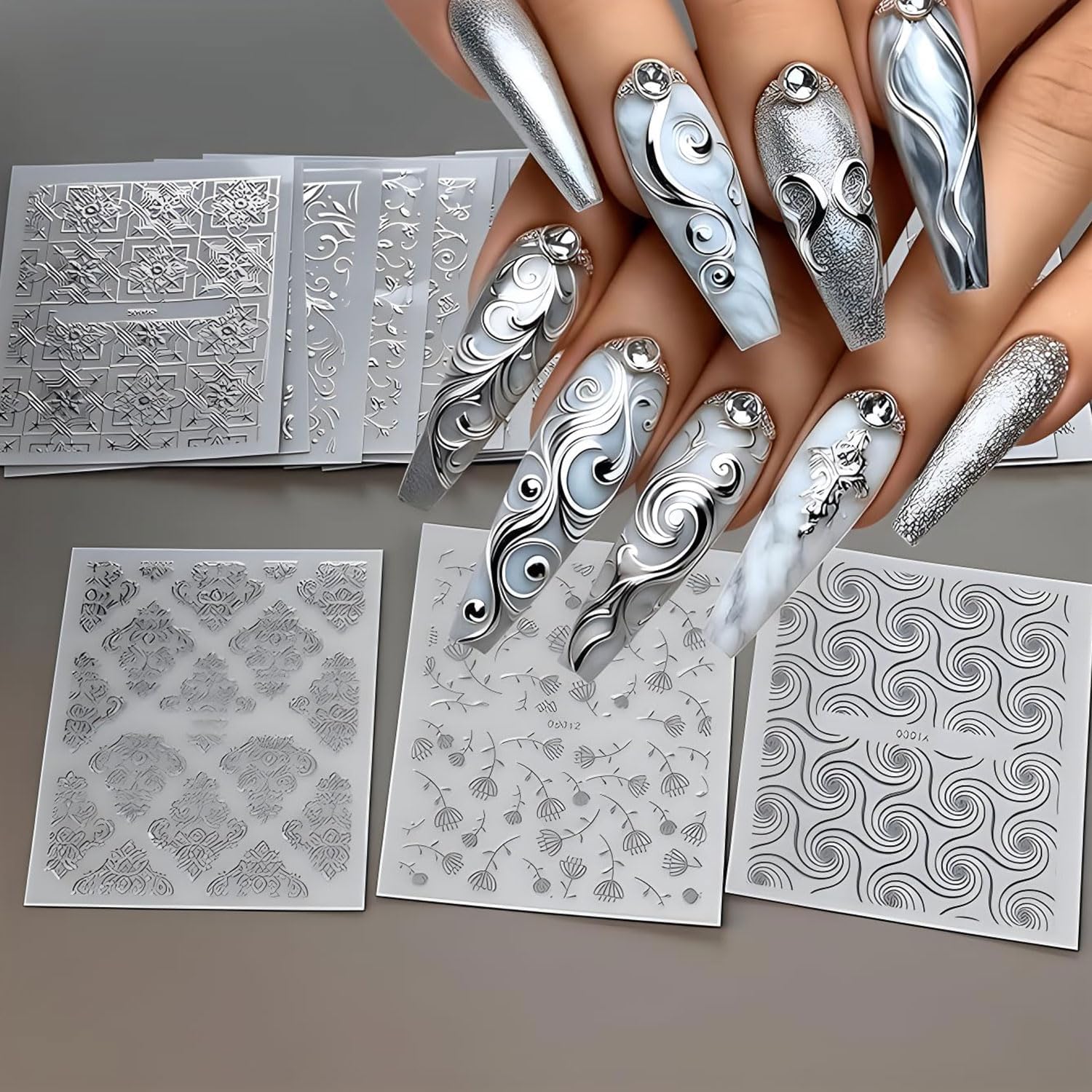 30 Sheets Silvery Stickers 3D Self-Adhesive Lace Nail Decals Retro Flower Designs Nail Supplies Acrylic Nail Decoration DIY Nails Art Accessories for Women