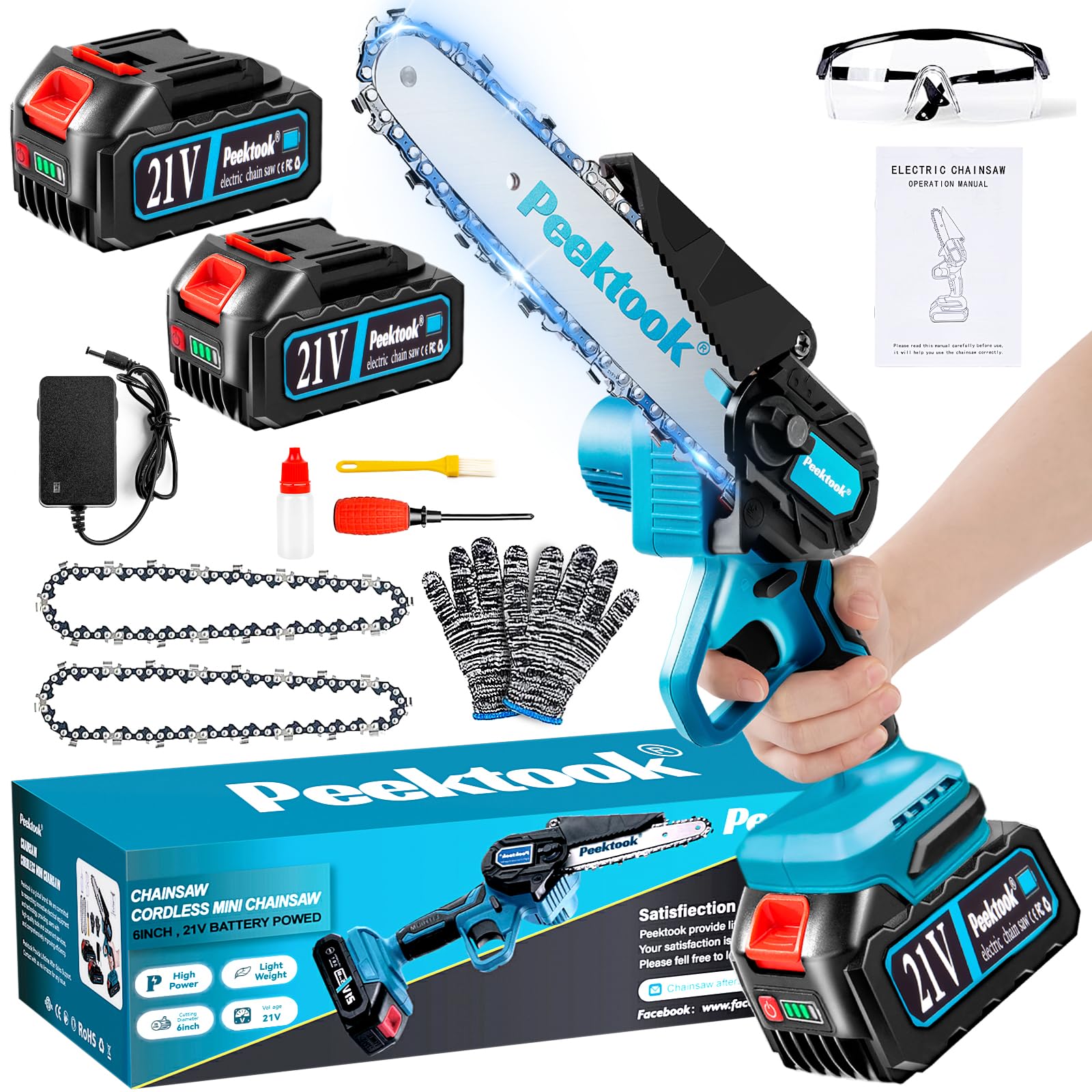 Peektook Mini Chainsaw Cordless 6-Inch, Electric Chainsaw Chain Saw with 2 * 4.0Ah Battery and 2 Chains, scie à chaîe à batterie Light Weight Battery Chainsaw with Brushless Motor for Tree Trimming