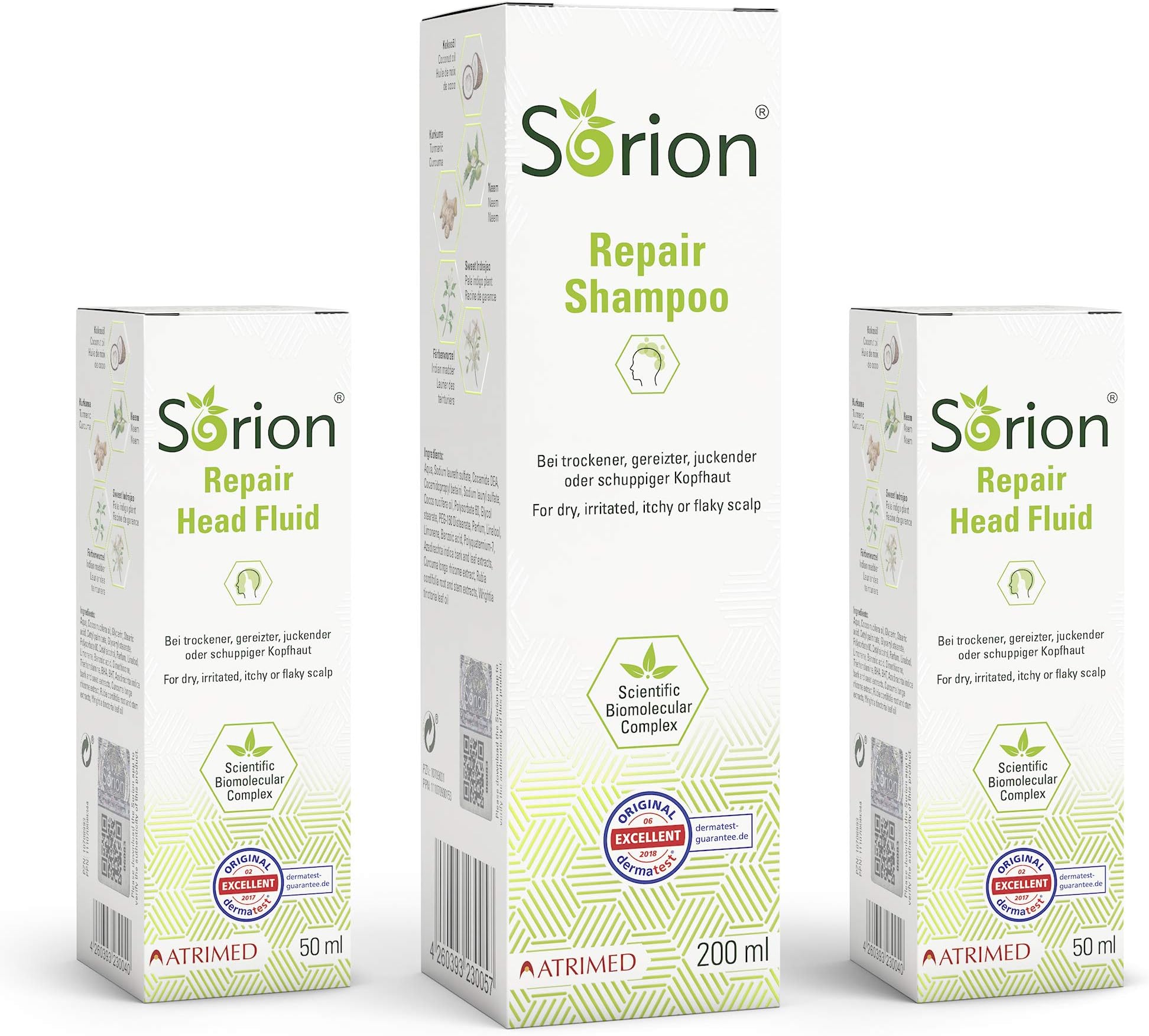 Sorion Shampoo and 2 X Sorion Head Fluid (Set) - for a sensitive, irritated skin as well as for skin affected by Psoriasis and Eczema