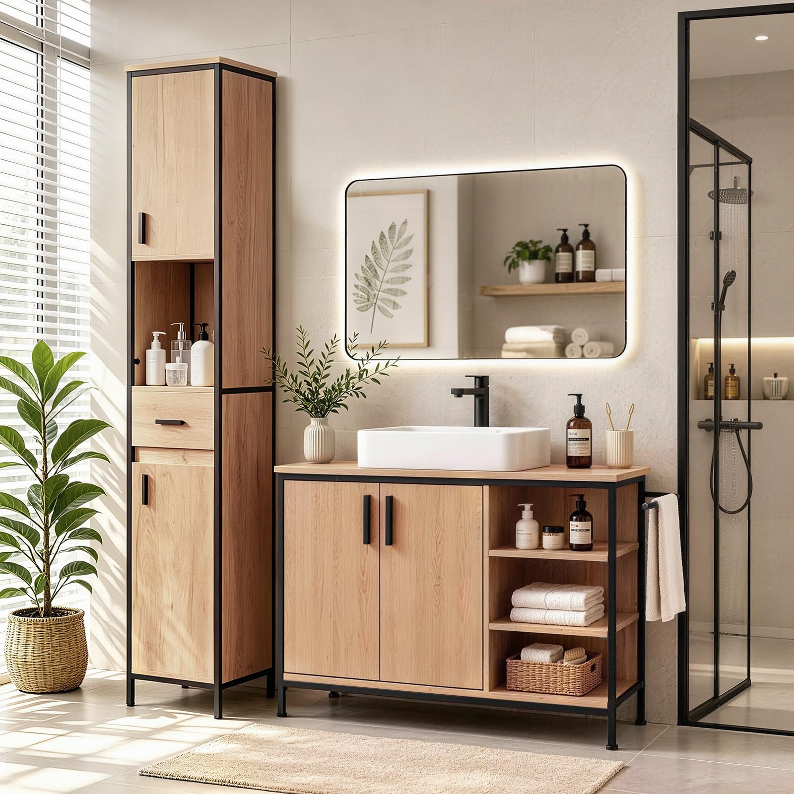 EUGAD Waschbeckenunterschrank, Badezimmerschrank mit Schubladen 3 offenen Fächern, Unterschrank mit verstellbaren Ablagen, freistehender Waschtischunterschrank, 90x60x30 cm (2 Türen)