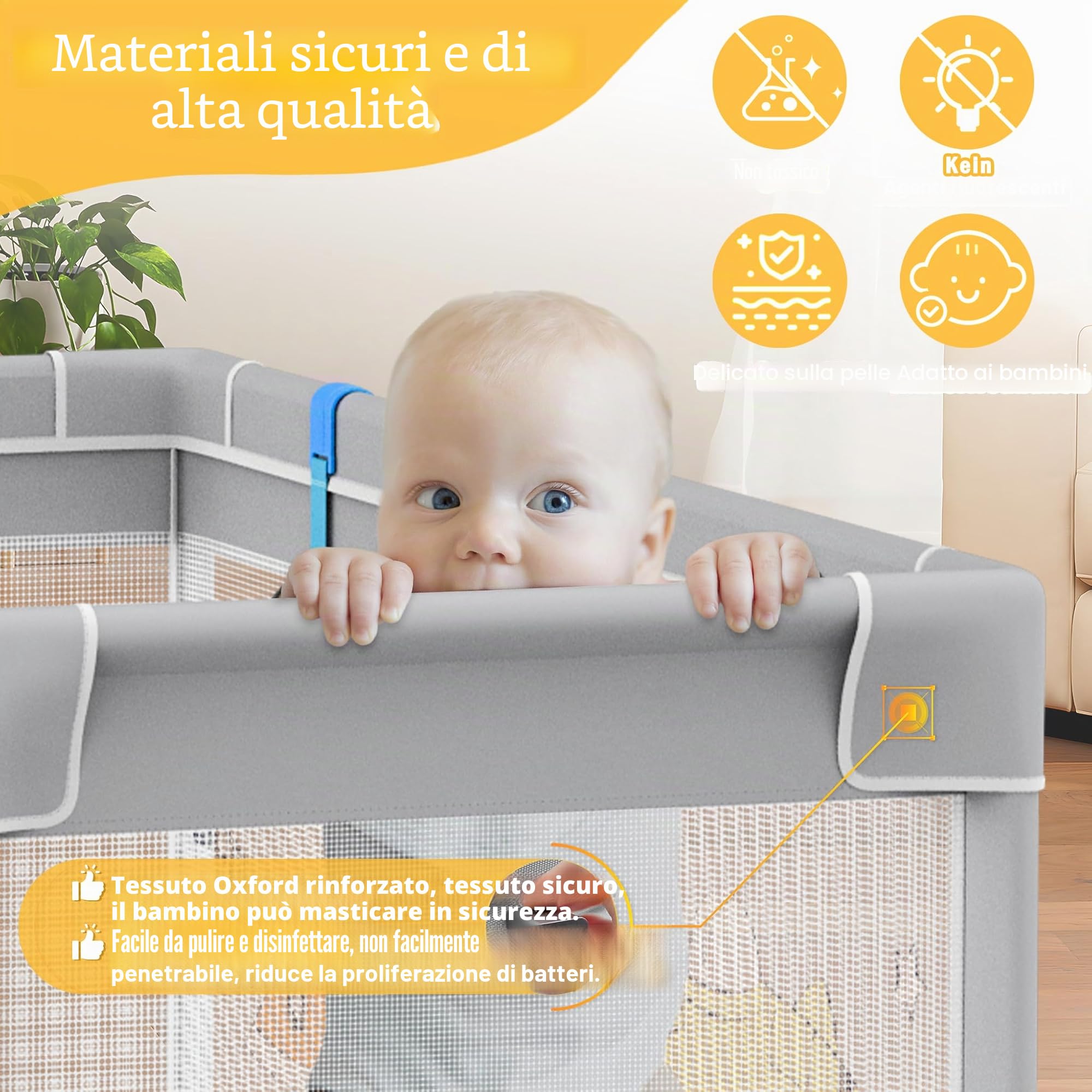 UISEBRT Box per bambini, 180 x 200 cm, con 50 palline oceaniche e 4 anelli e borsa per il trasporto, pieghevole, con rete traspirante, per bambini, grigio con motivi astronauti