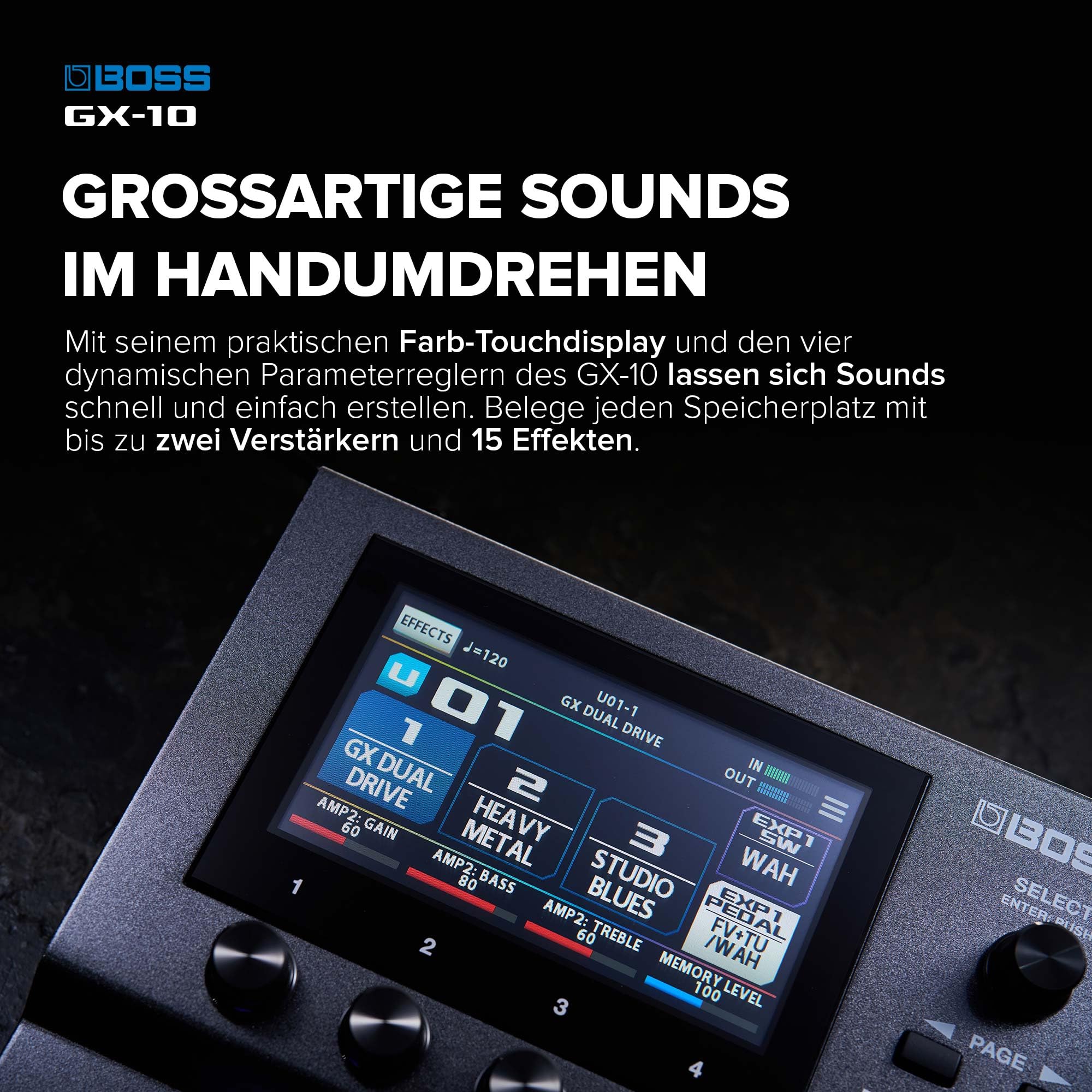 BOSS GX-10 | Compact Guitar & Bass Effects Processor | GX-100 Sound Engine | Colour Touch Display | 32 Amp Types & 170 BOSS Effects | Multi-mode Footswitches & Expression Pedal | AIRD Technology