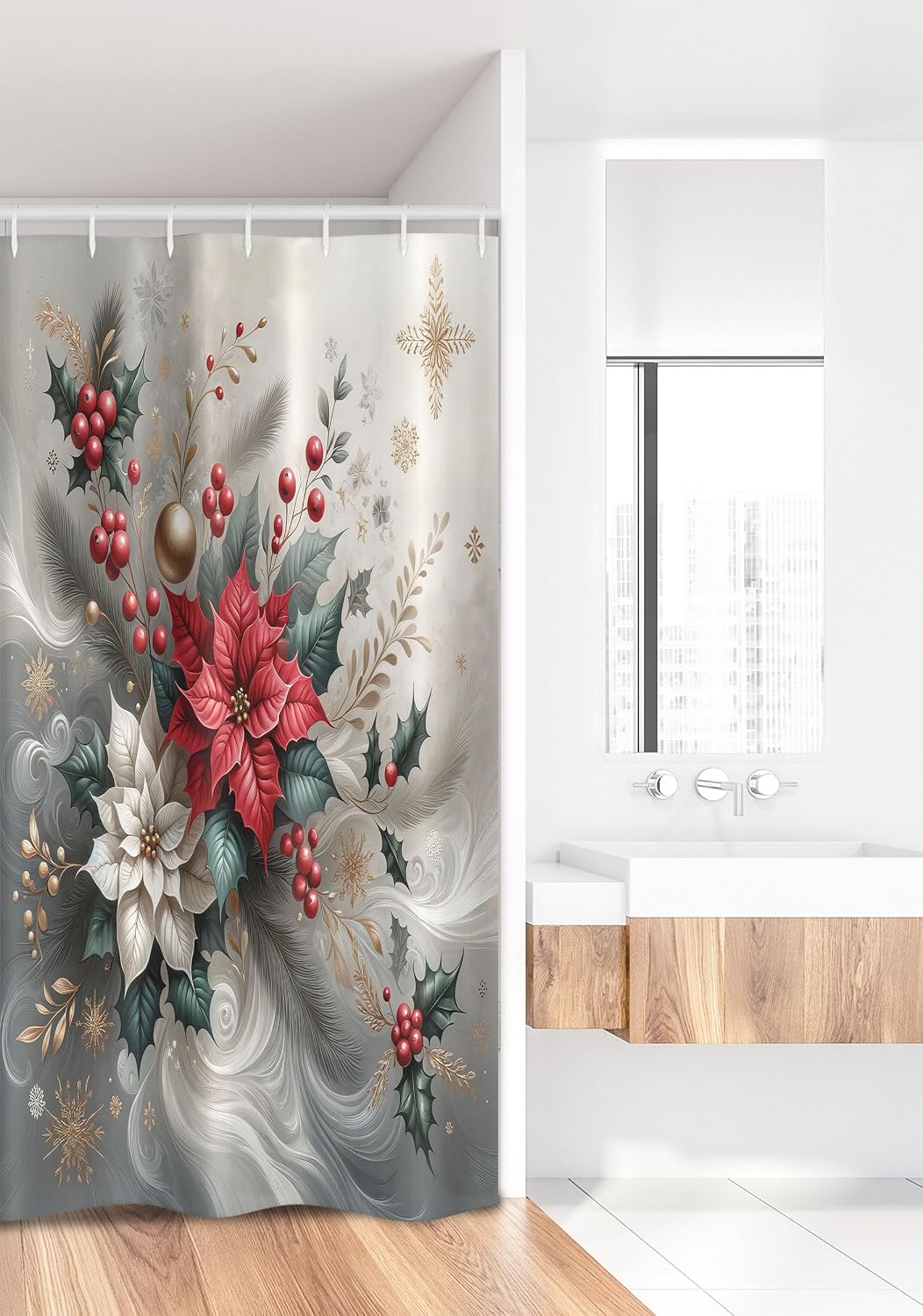 Ambesonne Christmas Stall Shower Curtain, Delicate Poinsettia Flowers and Toyon Xmas Berries with Feathers, Fabric Bathroom Decor Set with Hooks, 36" W x 72" L, Slate Blue and Dark Coral