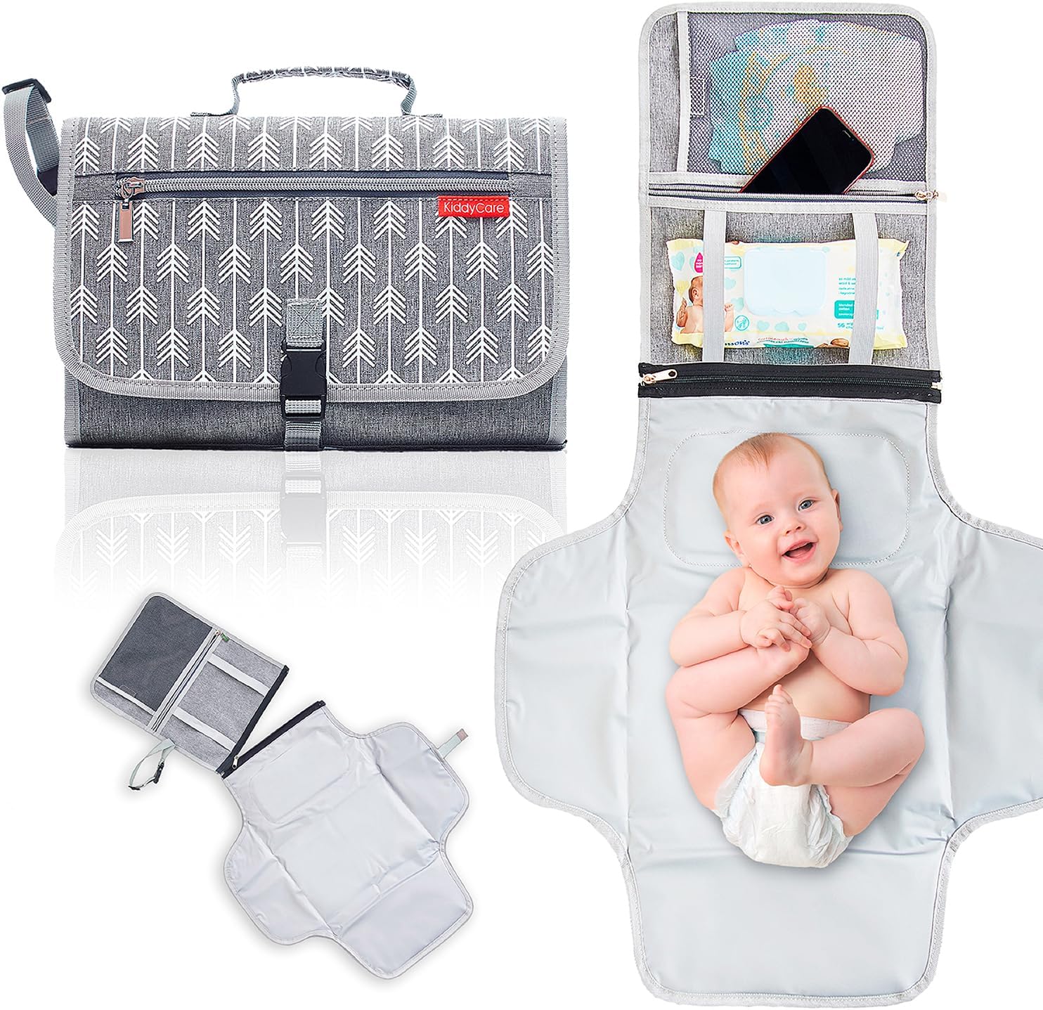 KiddyCare Portable Diaper Changing Pad for Baby Travel | Portable Changing mat for Newborn Baby Girl & Boy | Waterproof Foldable Nappy Changing Mat with Smart Wipes Pocket