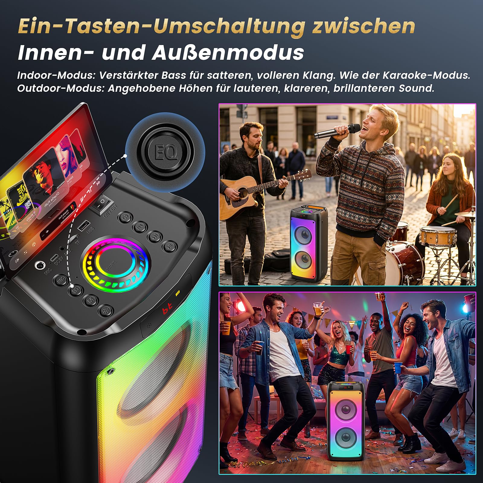 HWWR Karaoke Maschine mit 2 Mikrofonen ohne Verzögerung, groß Karaoke Anlage Partybox mit Echo-Einstellung und kräftigem Bass, unterstützt TWS/TV, Karaoke Box für Familienpartys und Grillabende