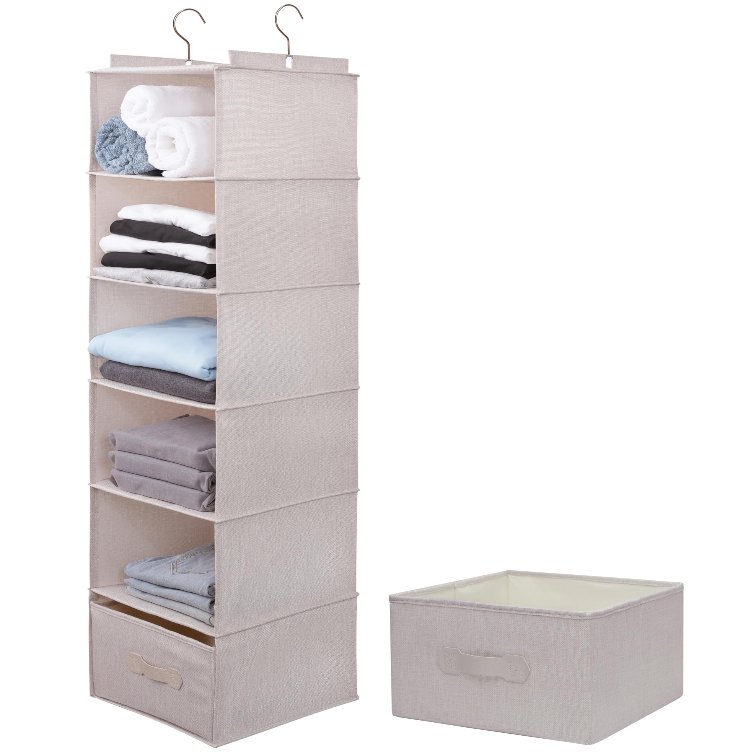 Tulinstiraga Off-White Large Hanging Sweater Organizer For Closet,Collapsible 6-Shelf Hanging Closet Shelves With Drawers, Washable (Mibai -6 Shelf-1 D)