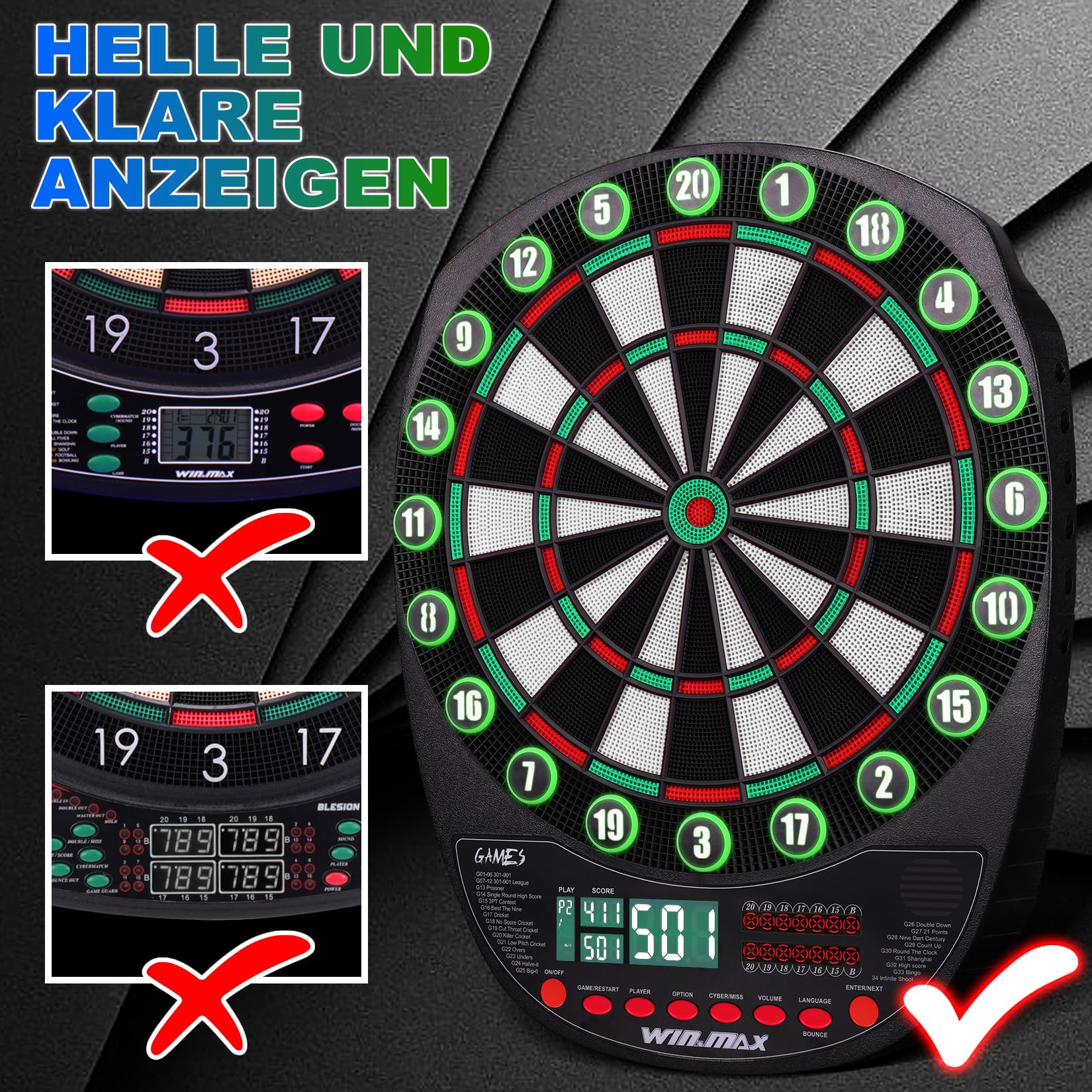 WIN.MAX Elektronische Dartscheibe Profi Set 34 Games mit 354 Varianten3 Sprachen: Deutsch, Englisch, Französisch für 1 bis 8 Spieler mit 12 Darts