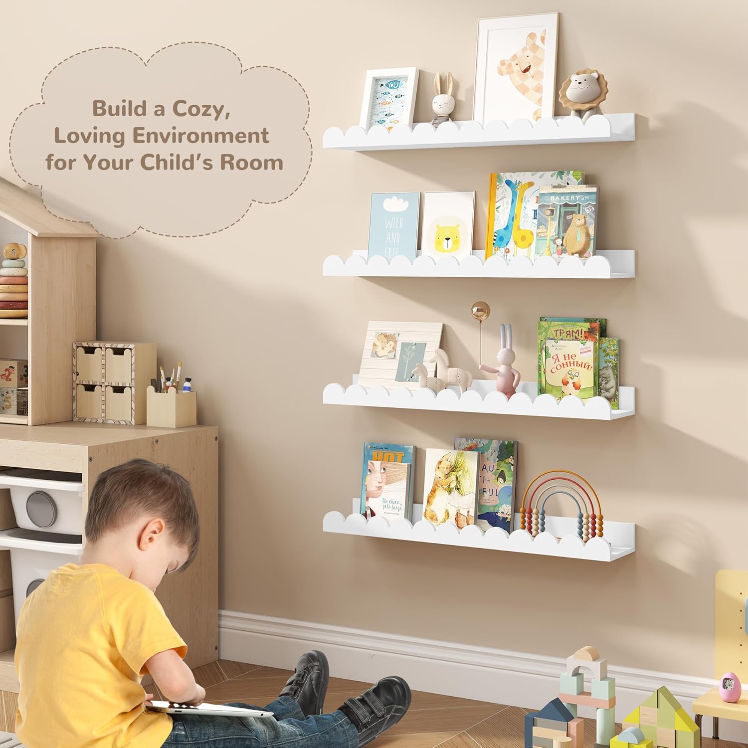 Fun Memories 24 Inch White Nursery Book Shelf, Scalloped Picture Ledge for Wall, Set of 4, Floating Shelves for Toddler Room, Kids Rooms, Bedroom
