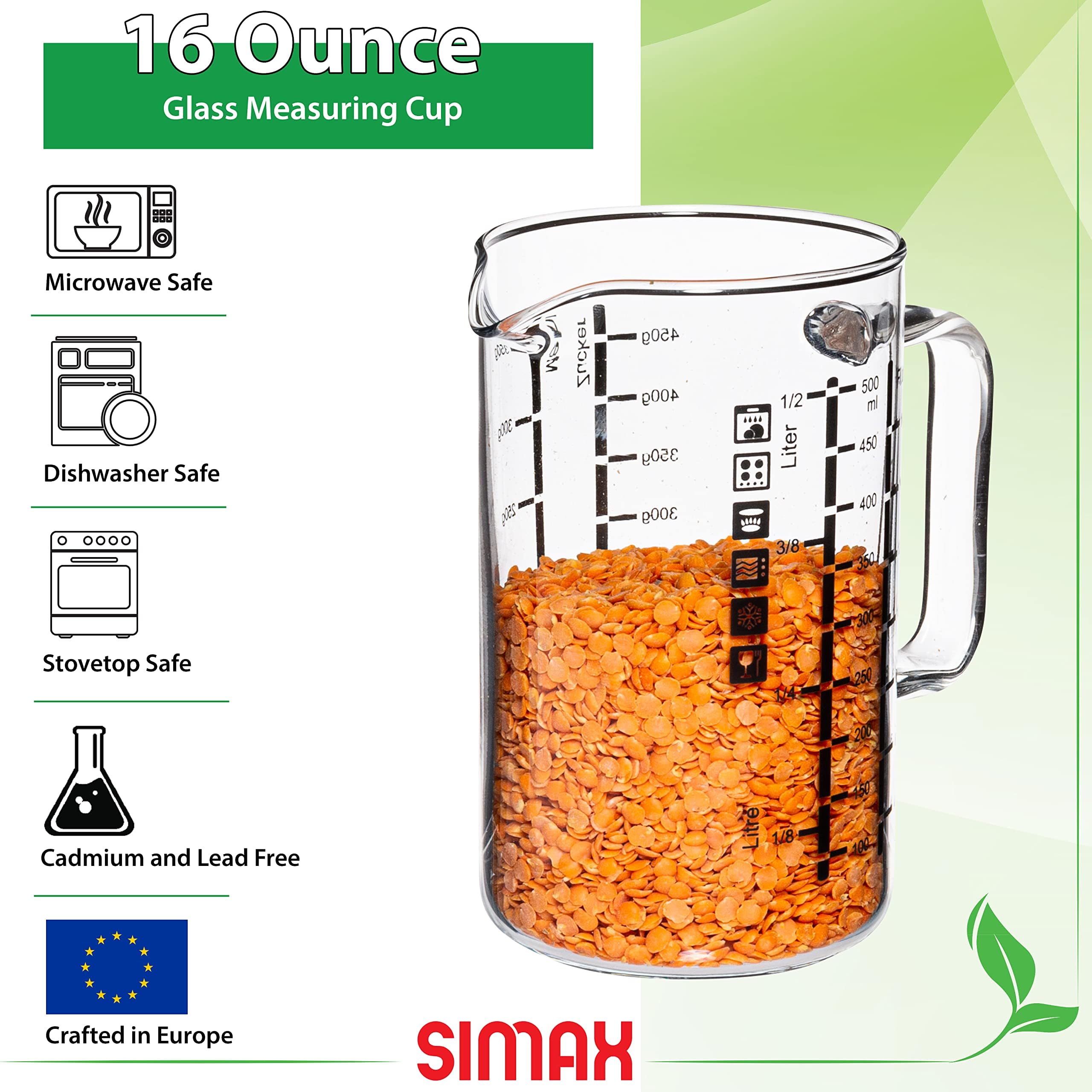 Simax Taza medidora de vidrio: tazas medidoras de vidrio de 16 onzas, taza medidora de litros, onzas y ml para líquido, tazas medidoras métricas de vidrio de borosilicato en gramos, mide harina y