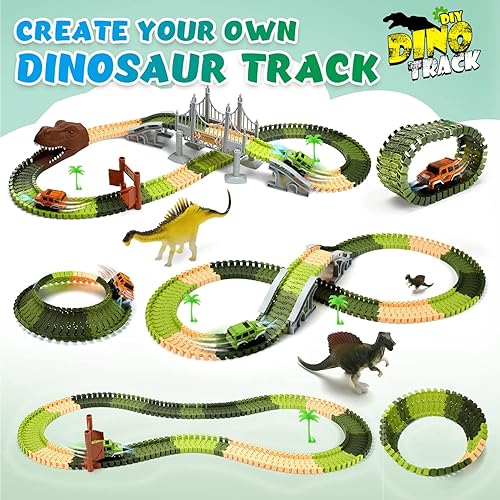 Miniatura 2 de EagleStone Juego de 194 pistas de dinosaurios para niños pistas de tren flexibles para crear una carretera mundial de dinosaurios con puente 2 autos