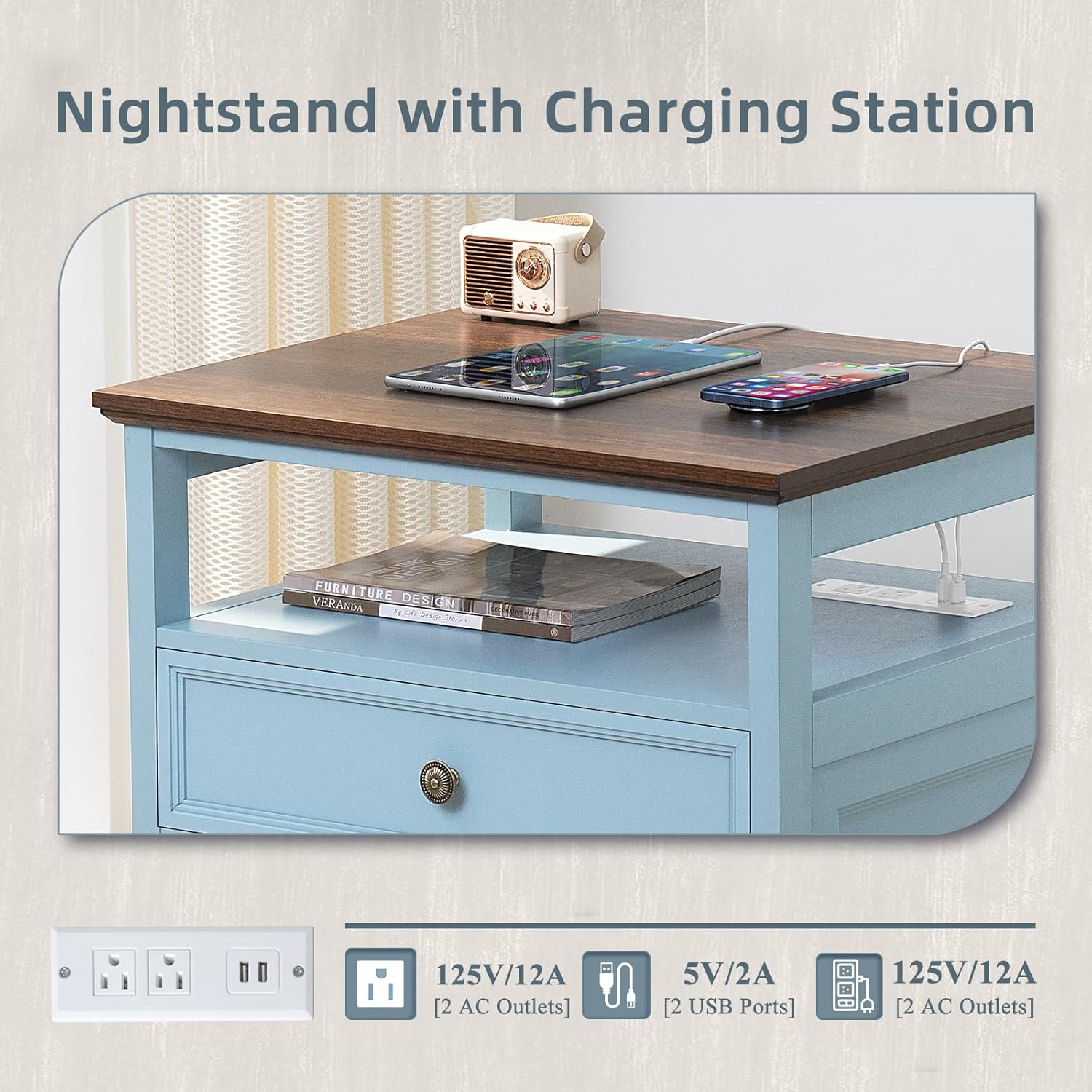 Joaxswe Farmhouse Nightstand with Charging Station, 24" Wide End Table with 2 Drawers, Light Blue Dresser for Bedroom,Wood Bed Side Table Chest of Drawers Cabinet,Night Stand for Living Room,Closet