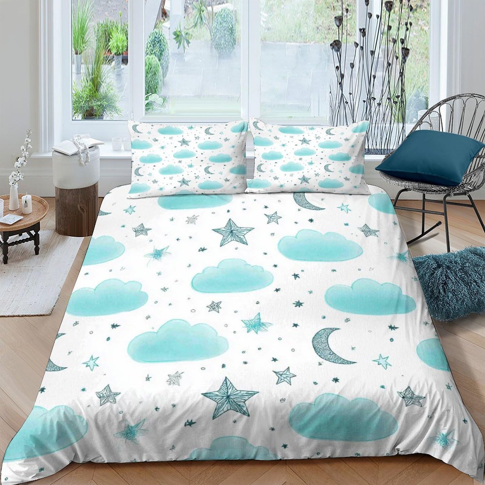 Ctjqhvkz Style-7 3D Printed Blue Cloud Moon Fitted Sheet Microfiber Soft Breathable Star Mattress Cover For Bedroom Dorm Decor Single（135X200cm）