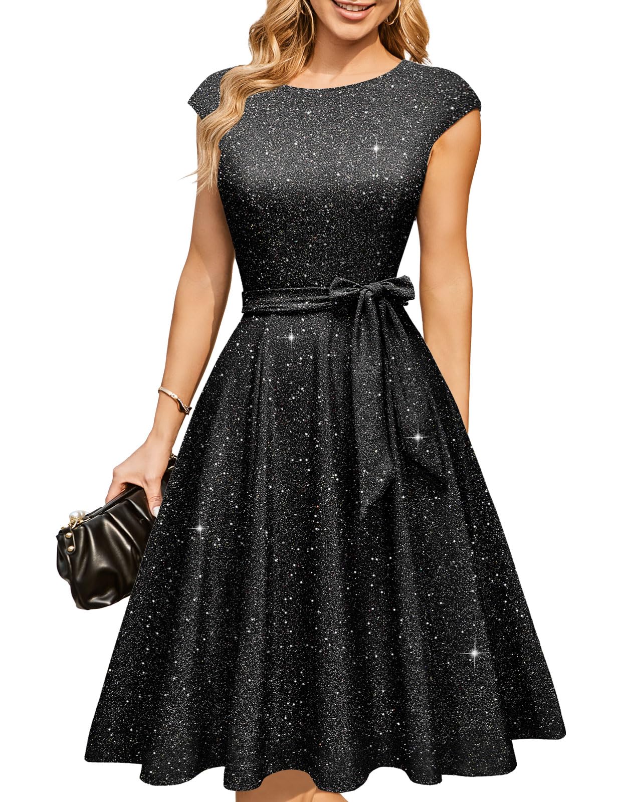 DRESSTELLS Women's Cocktail Dresses, Formal Wedding Guest Church Dress | A-line, Mid Calf, Detachable Belt, Vintage Tea Party, Modest Evening Dress