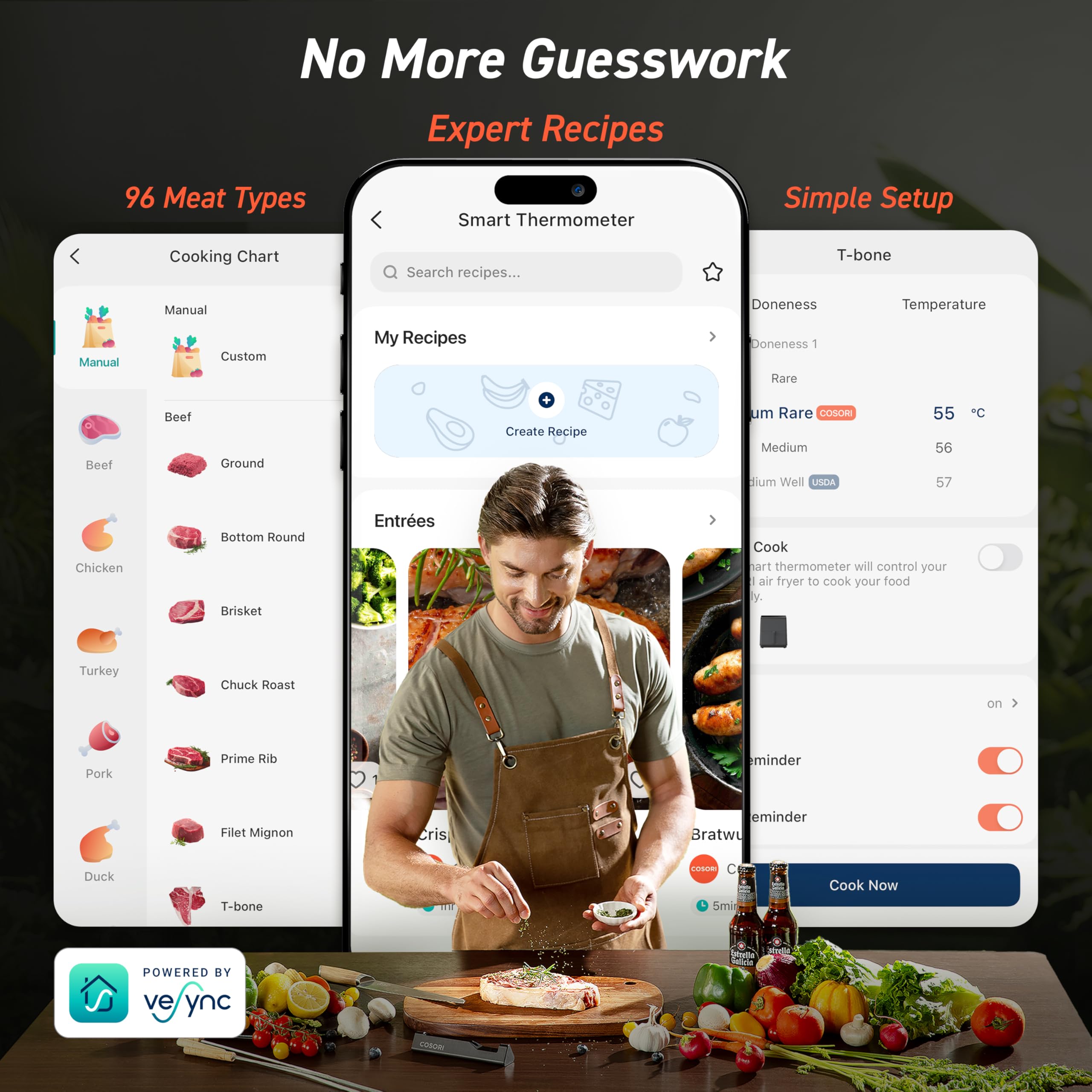COSORI Primo termometro intelligente per carne senza fili con portata di 50 m, perfetto per friggitrice ad aria calda Dual Blaze, termometro per arrosti per cucina e barbecue, lavabile in