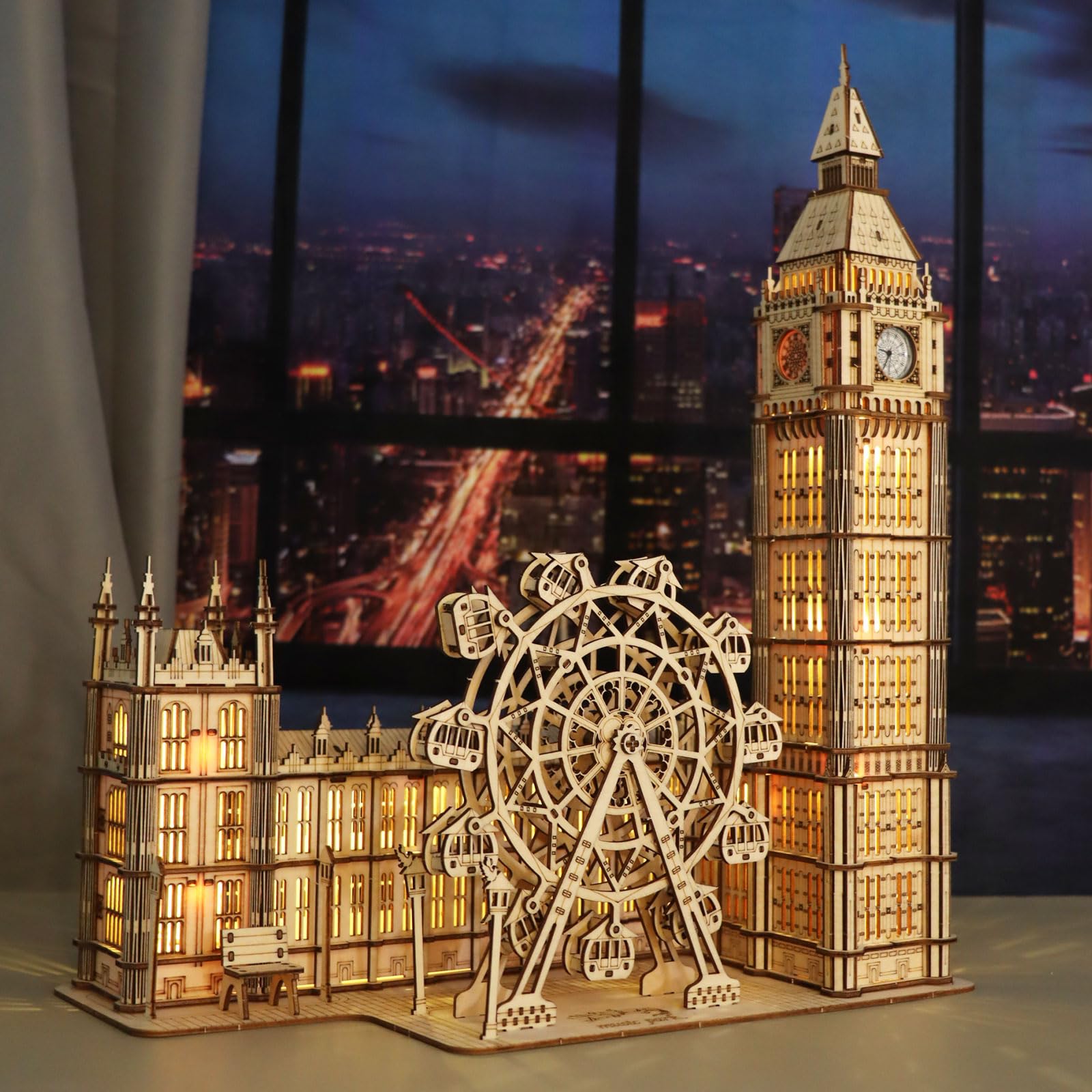 Music Park Puzzle 3D Legno Big Ben Con London Eye - Kit Modellismo Da Costruire Adulti, 3 Modalità Di Luce, Passatempo Per Adulti, Puzzle in Legno Per Adulti, Migliori Regali Di Compleanno