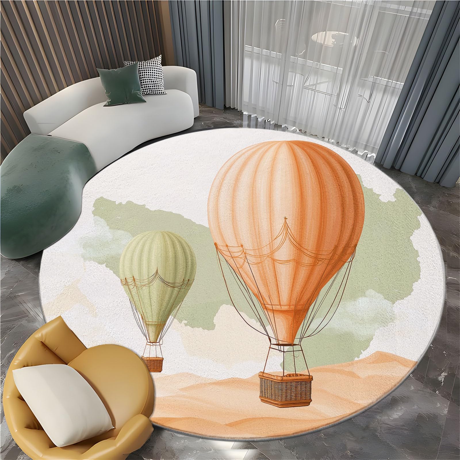 Tapis rond moelleux lavable 150 cm à motif aquarelle montgolfière