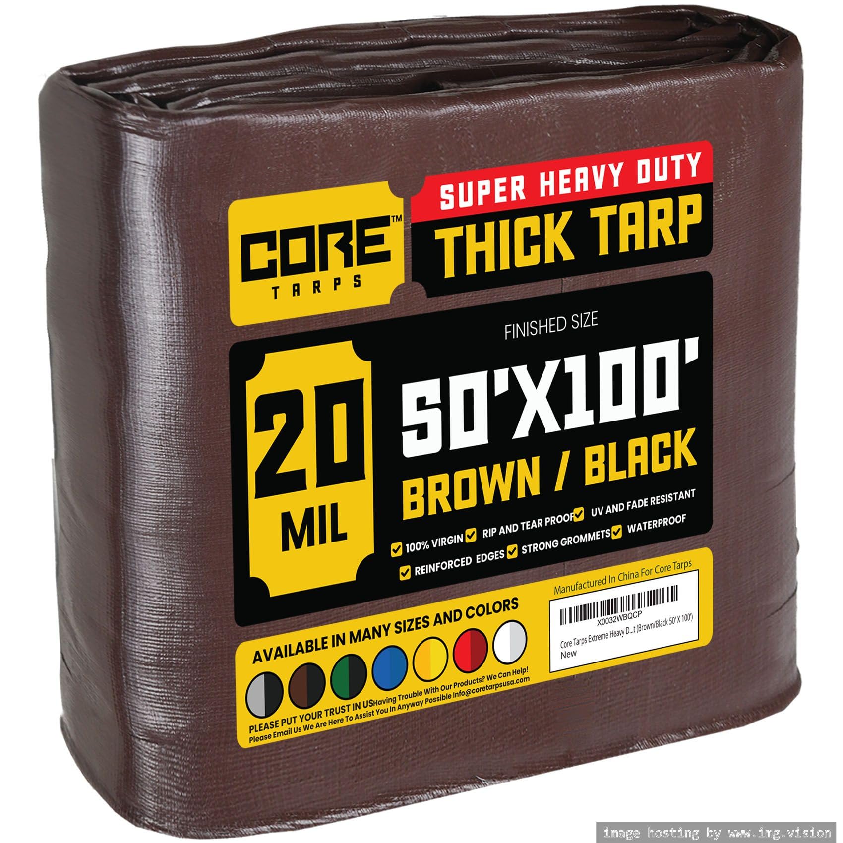 Core Tarps Extreme Heavy Duty 20 Mil Tarp Cover, Waterproof, UV Resistant, Rip and Tear Proof, Poly Tarpaulin with Reinforced Edges for Roof, Patio, Pool, Boat (Brown/Black 50′ X 100′)