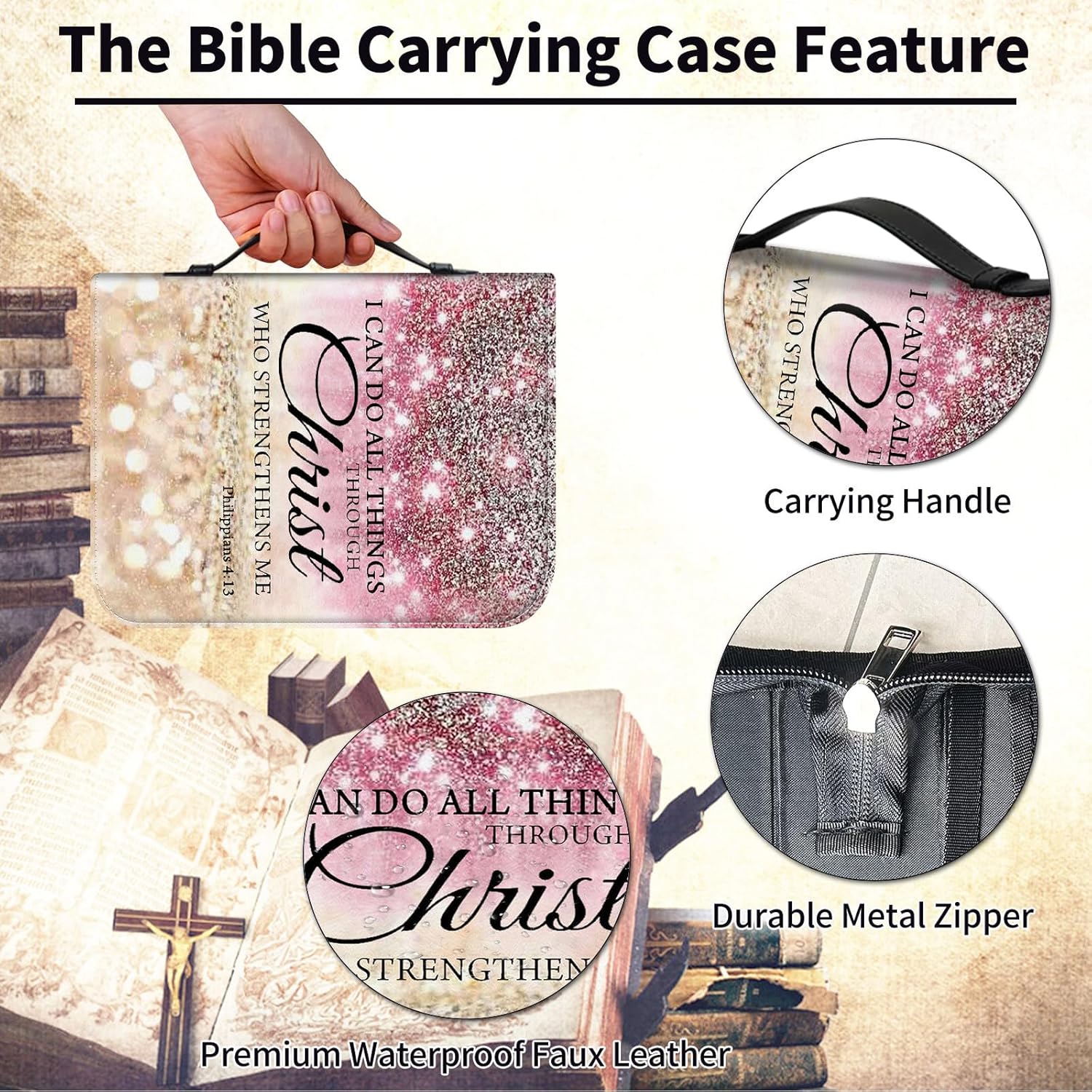 Bible Cover Case for Women Men,Large Leather Bible Case Fit Book Up to 11x8x2 Inch,I can do All Things Through Christ Bible Covers Bible Study Carrier Church Bags w/Handle Zipper - Image 5