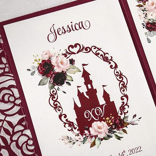 Miniatura 6 de DreamBuilt Kit de invitaciones de quinceañera de 4.7 x 7 pulgadas, 50 unidades, color burdeos, corte láser, con bolsillo de rosa hueca, tarjetas de