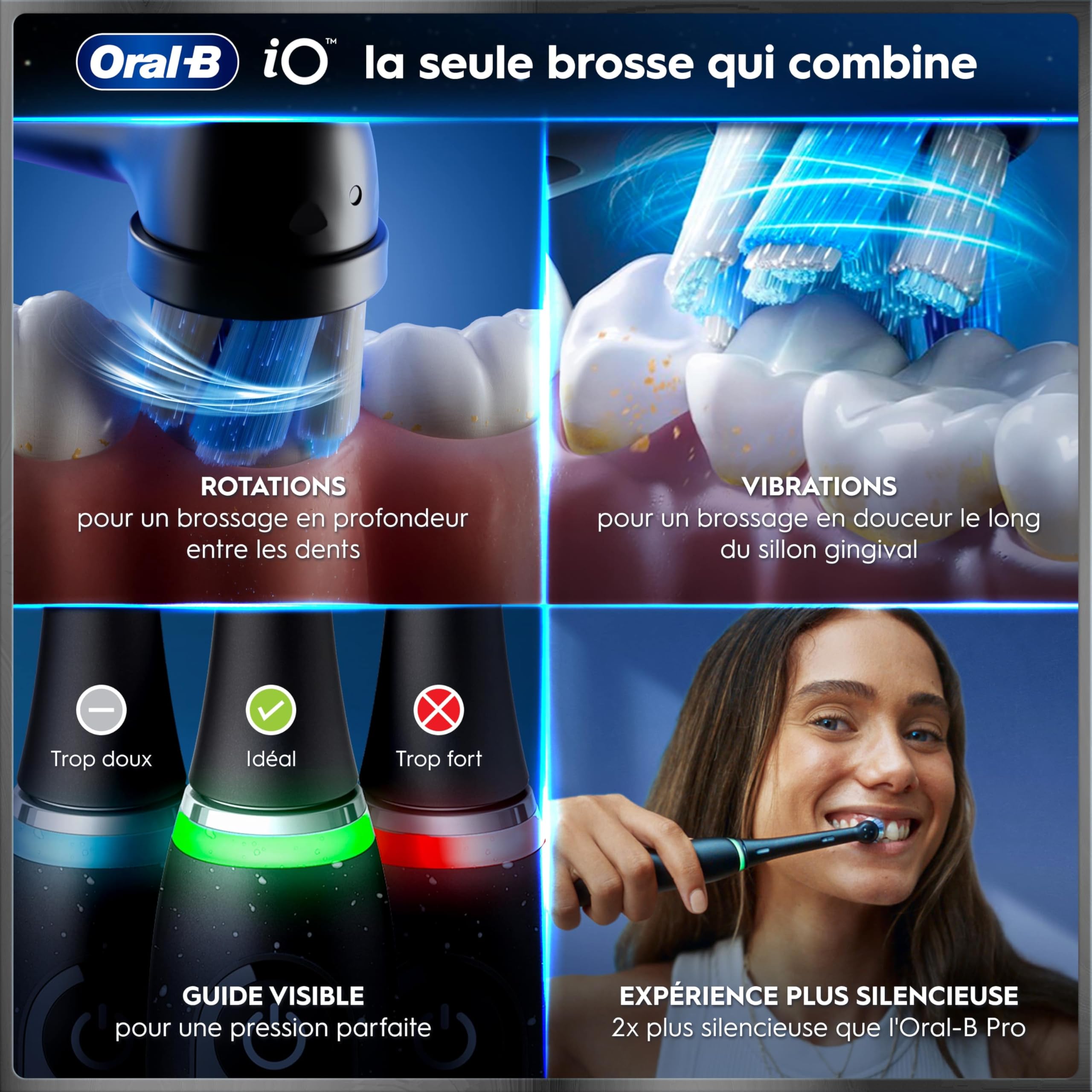 Oral-B Brosse A Dents Electrique iO 9 Bleue, 7 Modes De Brossage Dont Blancheur Et Soin Des Gencives, 16 Zones De Nettoyage, Ecran Interactif, Brossette Oral B De Rechange, Etui De Voyage