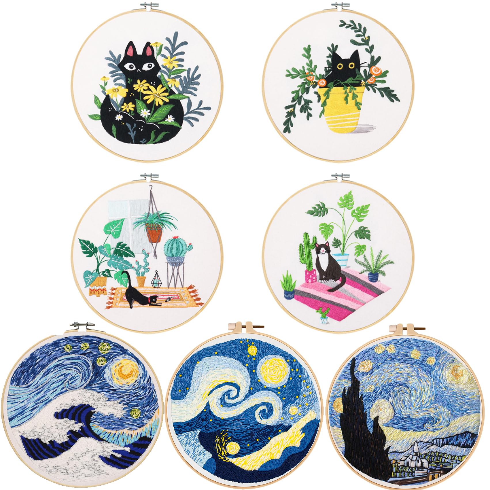 Santune 7 Sets Embroidery Kit for Beginners Needlepoint Cross Stitch Kits for Adults,Stitch Learning DIY Kit with Easy Instruction Video,Cat Embroidery Patterns,Hoop,Threads,Sewing Hobby
