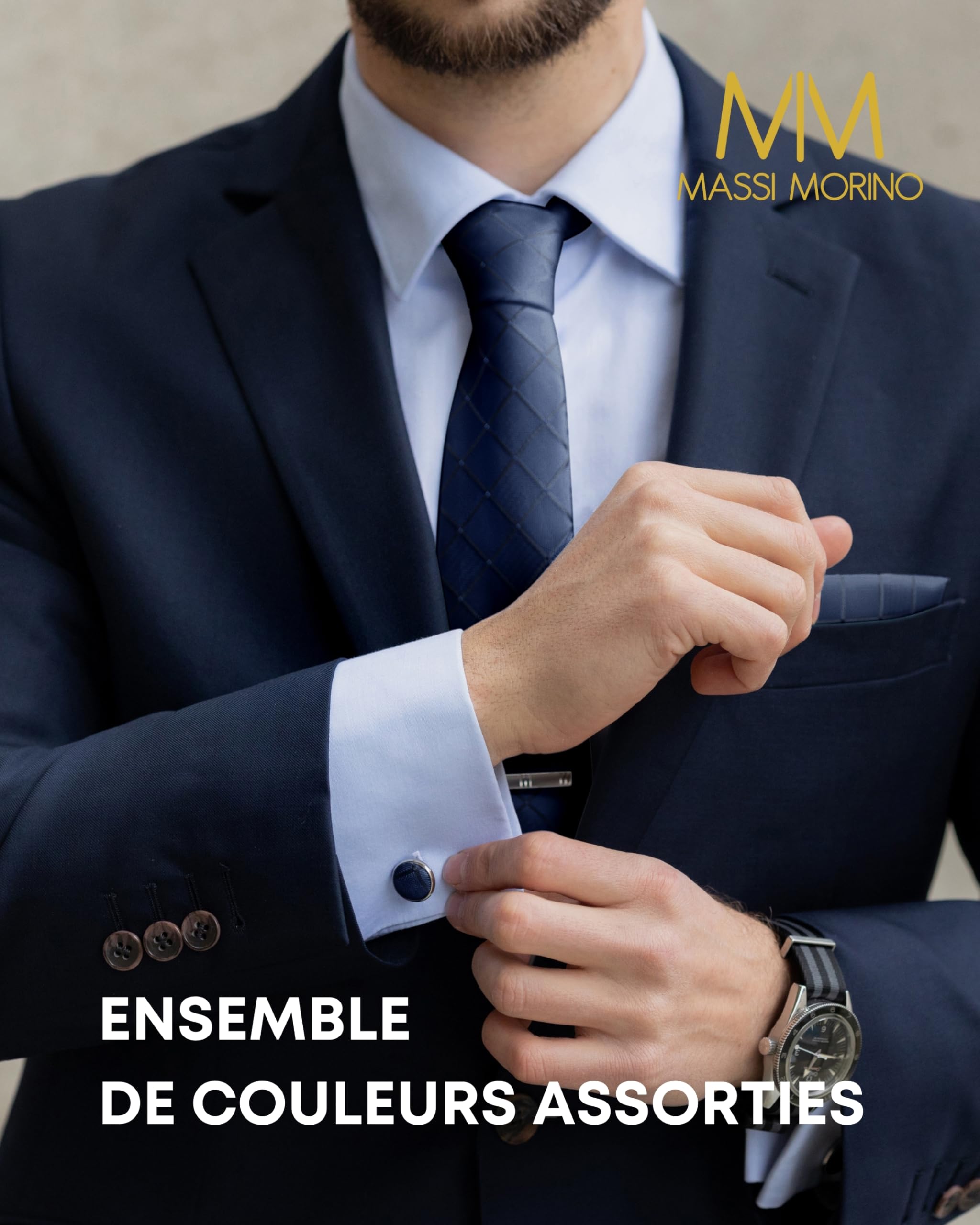 Massi Morino Cravate Homme - avec mouchoirs de poche, boutons de manchette et Pinces à cravates | Coffret cadeau | Accessoires de Fete de Mariage
