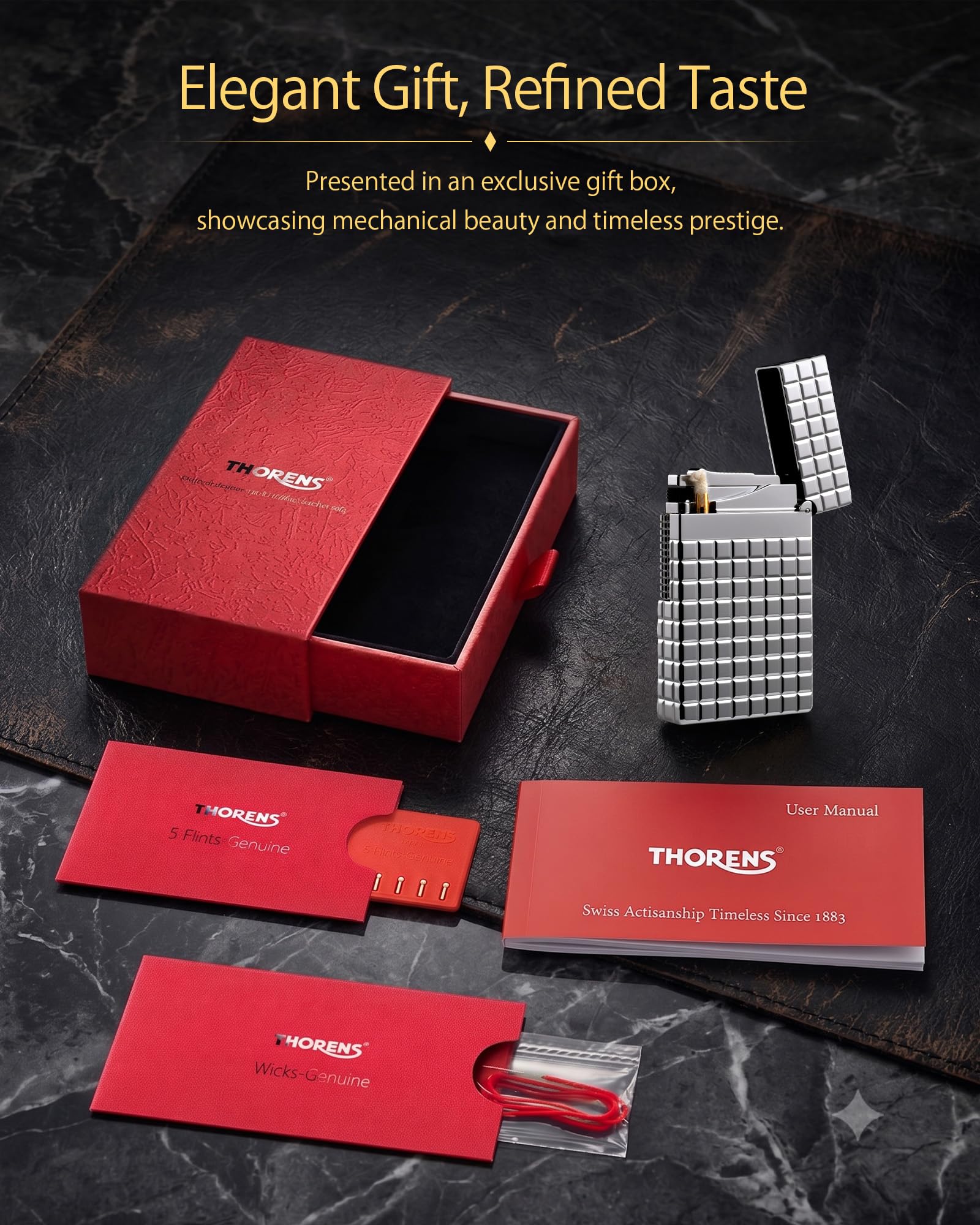 THORENS Crisp Sound - Argent Blocks Mechero de Gasolina y Latón | Side-slide, llama abierta, recargable, rueda de fricción, flip-top, clásico, vintage-retro, grabado, regalo de lujo hombre