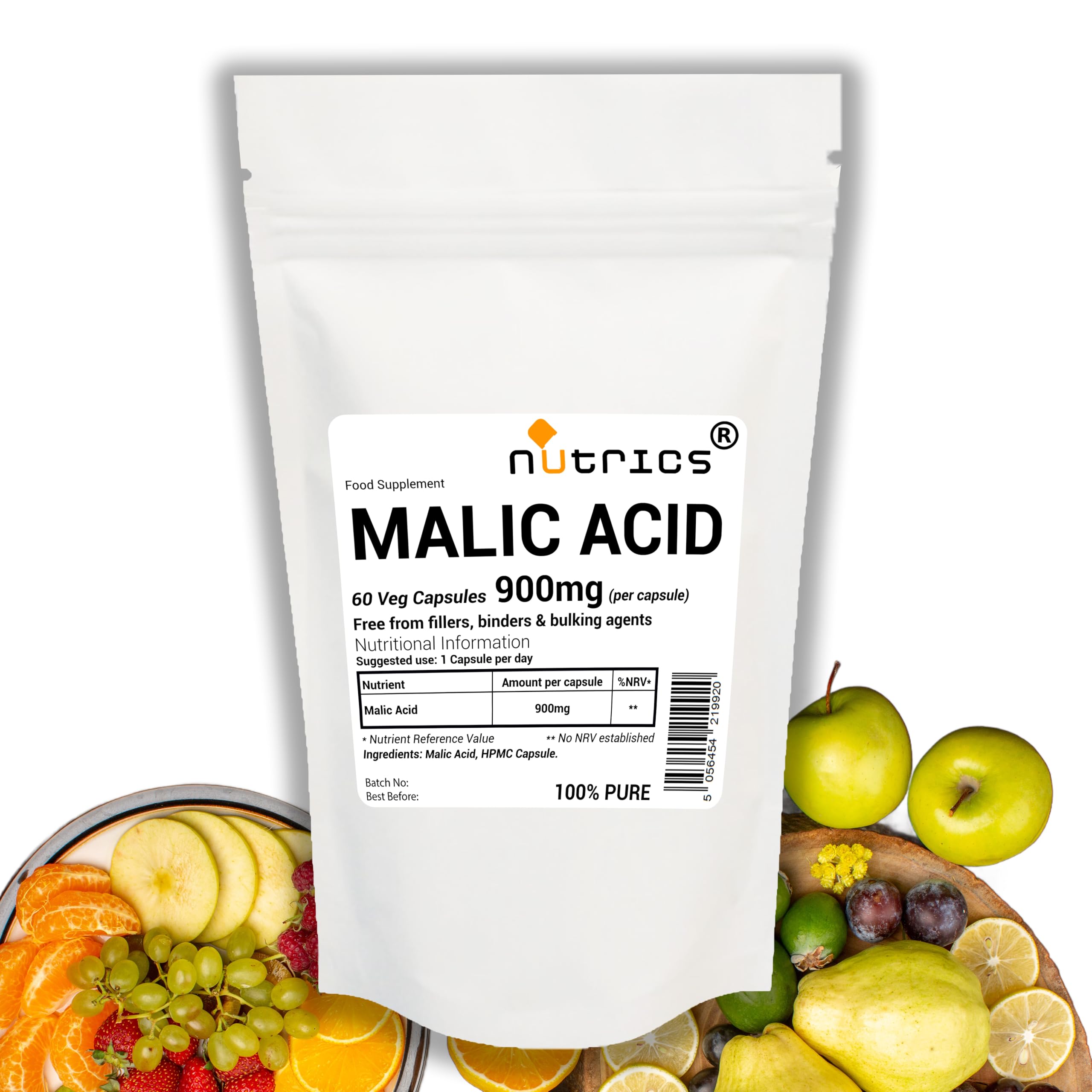 Pure Malic Acid 900mg Capsule - 60 Vegan Capsules (2 Month Supply) - Suitable for Vegan Vegeatarian Diet
