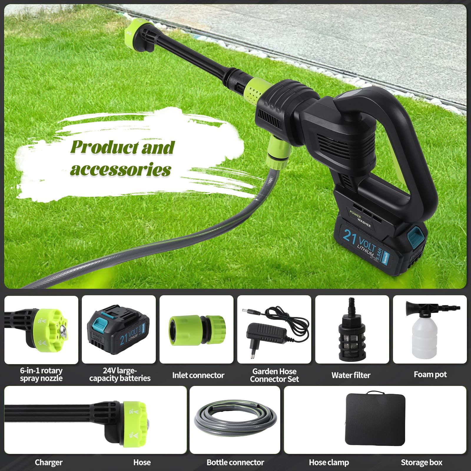 Limpiador de alta presión inalámbrico, 980 PSI/120 bar, portátil con bomba de succión, 6 en 1 boquillas y detergente para coche, terraza, jardín (5 m manguera) (B-2 batería)