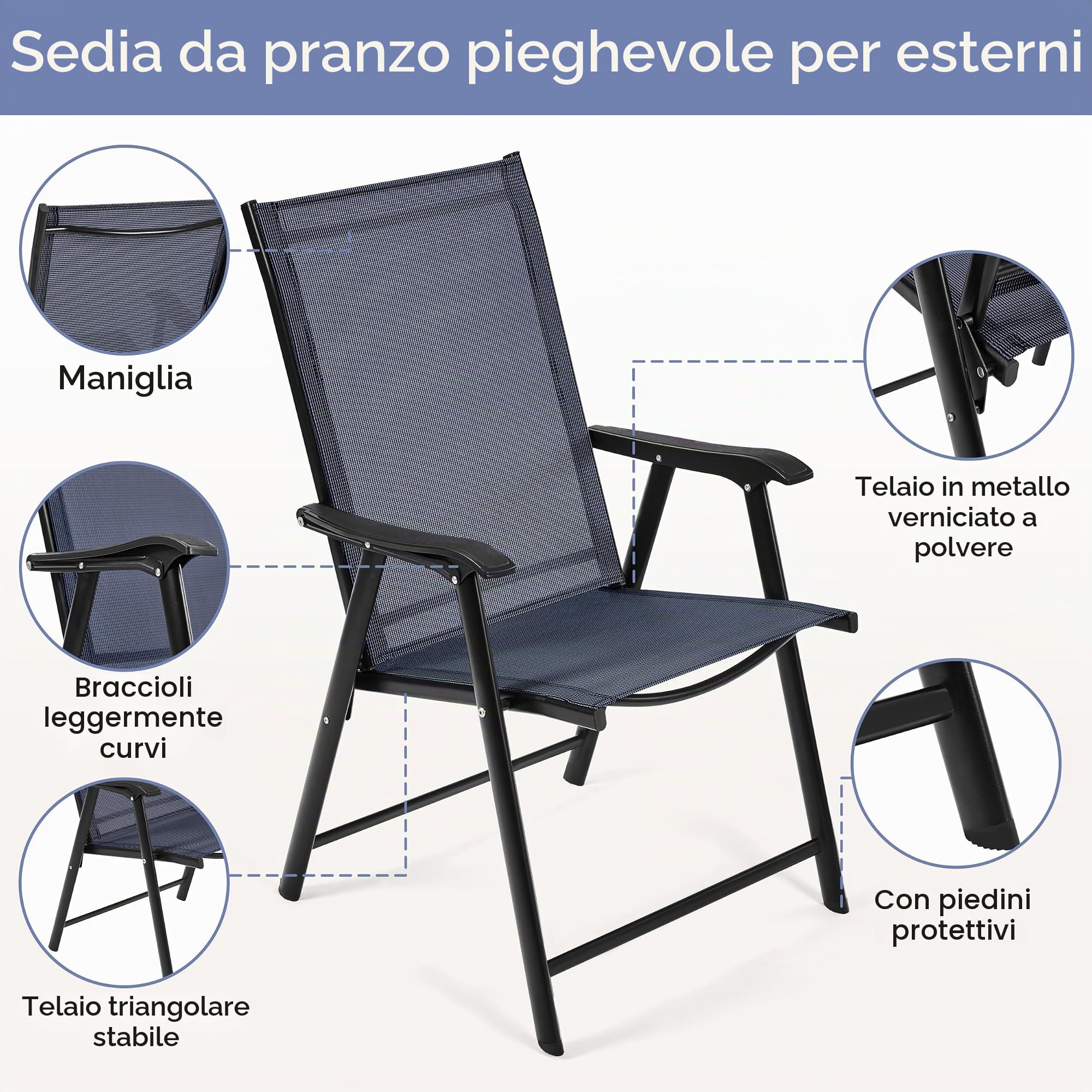 Yaheetech Set di 2 Sedie da Giardino Pieghevoli con Braccioli in Tela per Esterni Patio Veranda Terrazza Piscina Blu
