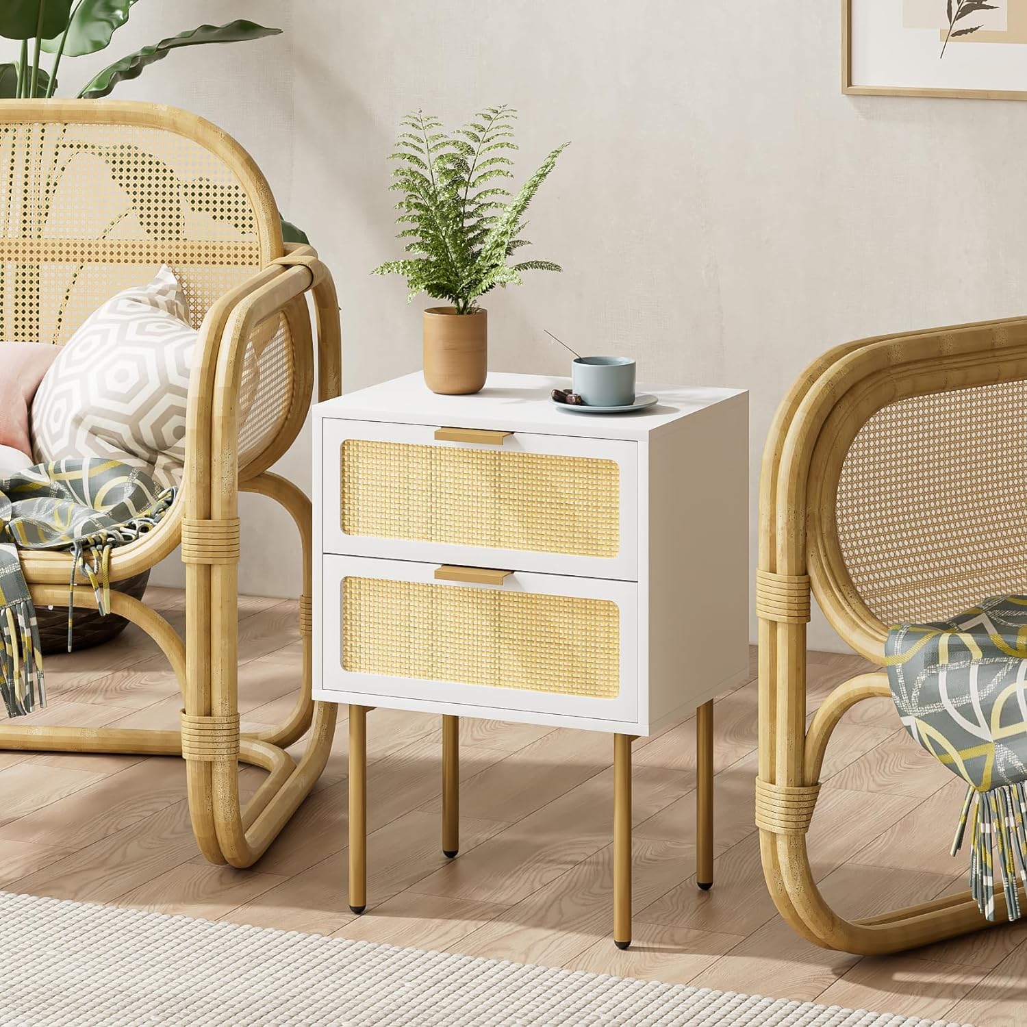 HEYZOEY Comodino in rattan, 2 cassetti, per camera da letto, tavolino piccolo con 2 cassetti, comodini con cornice dorata, per camera da letto, soggiorno, bianco