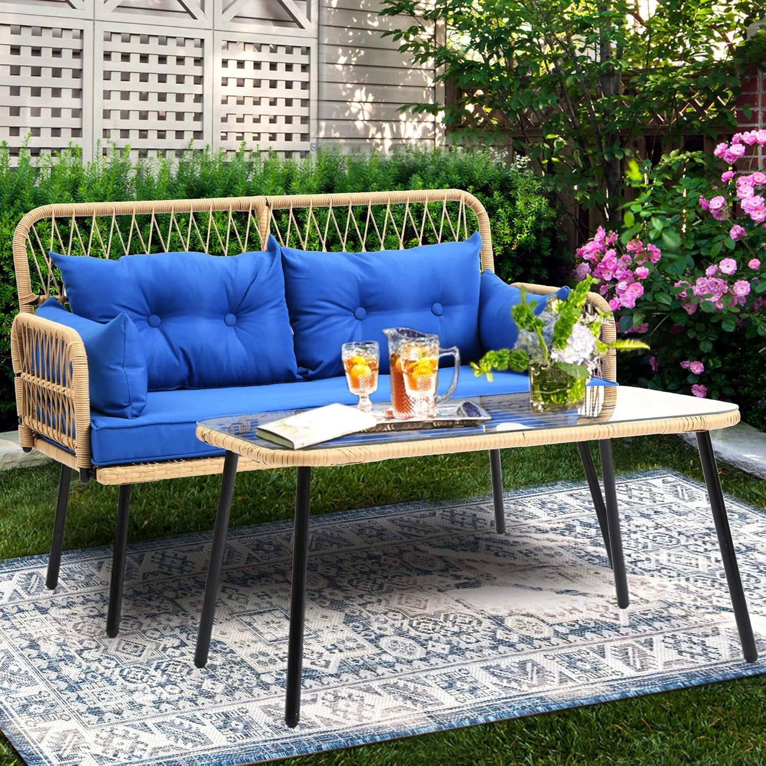 UF Outdoor Garden Sofa Set 2 Seater with Cushions Loveseat for Garden Balcony Terrace & Lounge Seating (Beige & Navey Blue)-image-3