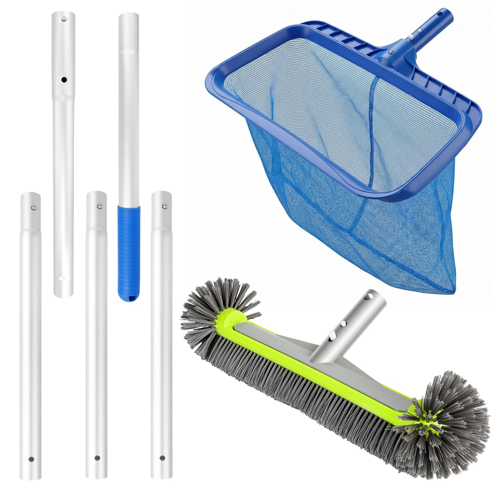Kit de Nettoyage pour Piscine avec Brosse Ronde, Manche en Aluminium de 169 cm et Filet de Piscine, Ensemble Professionnel pour Nettoyage Efficace
