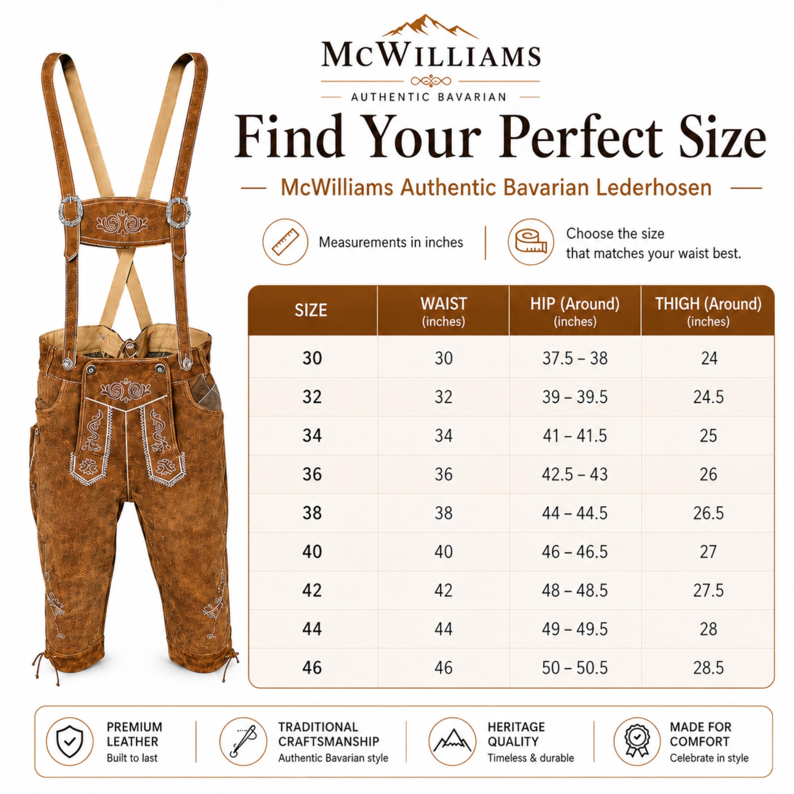 McWilliams Lederhosen Autentyczne bawarskie niemieckie brązowe spodnie skórzane Oktoberfest