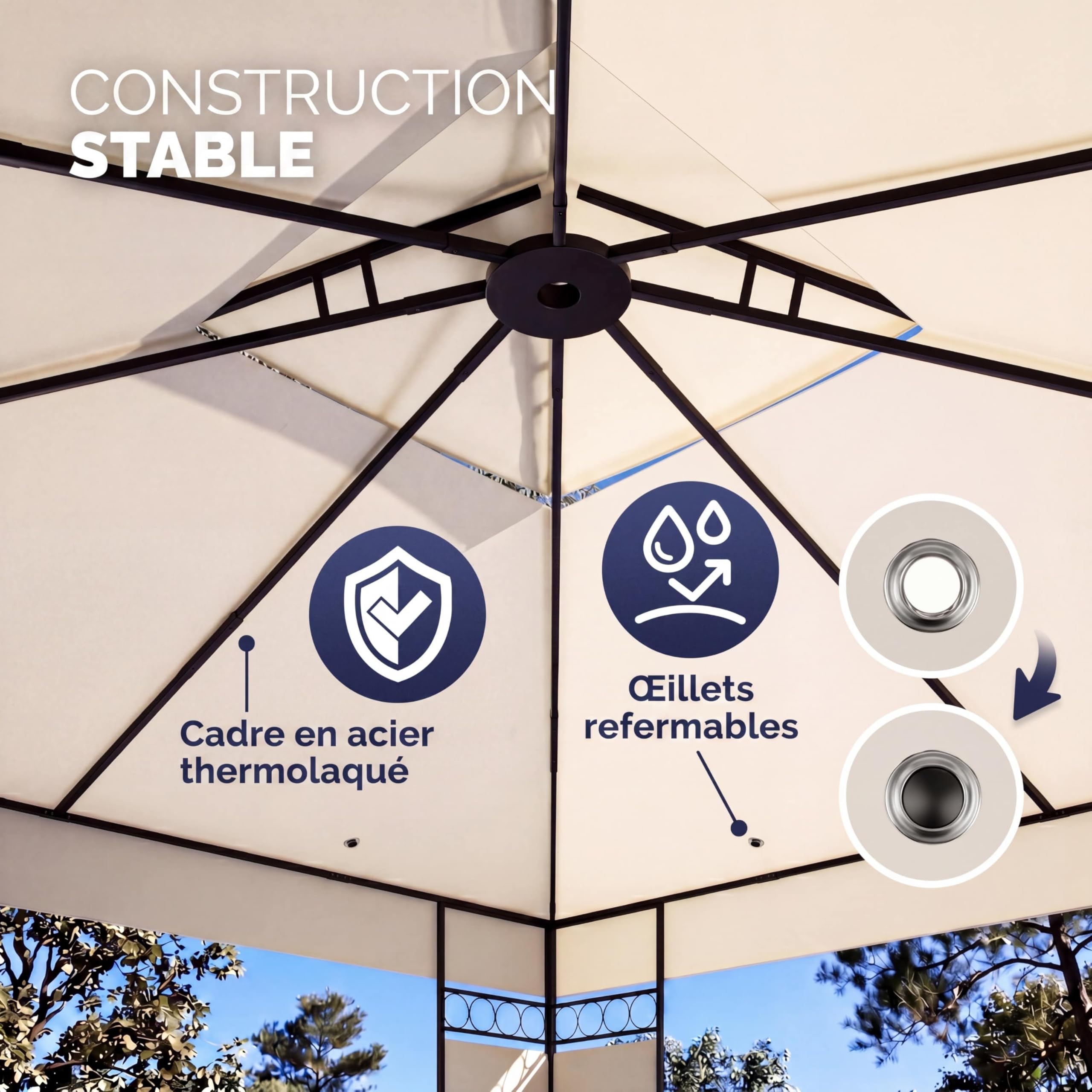 Pavillon Lorca 3x3 m métal Toile Hydrofuge Protection UV 50+ Tente de réception tonnelle de Jardin pergola mobilier extérieur crème