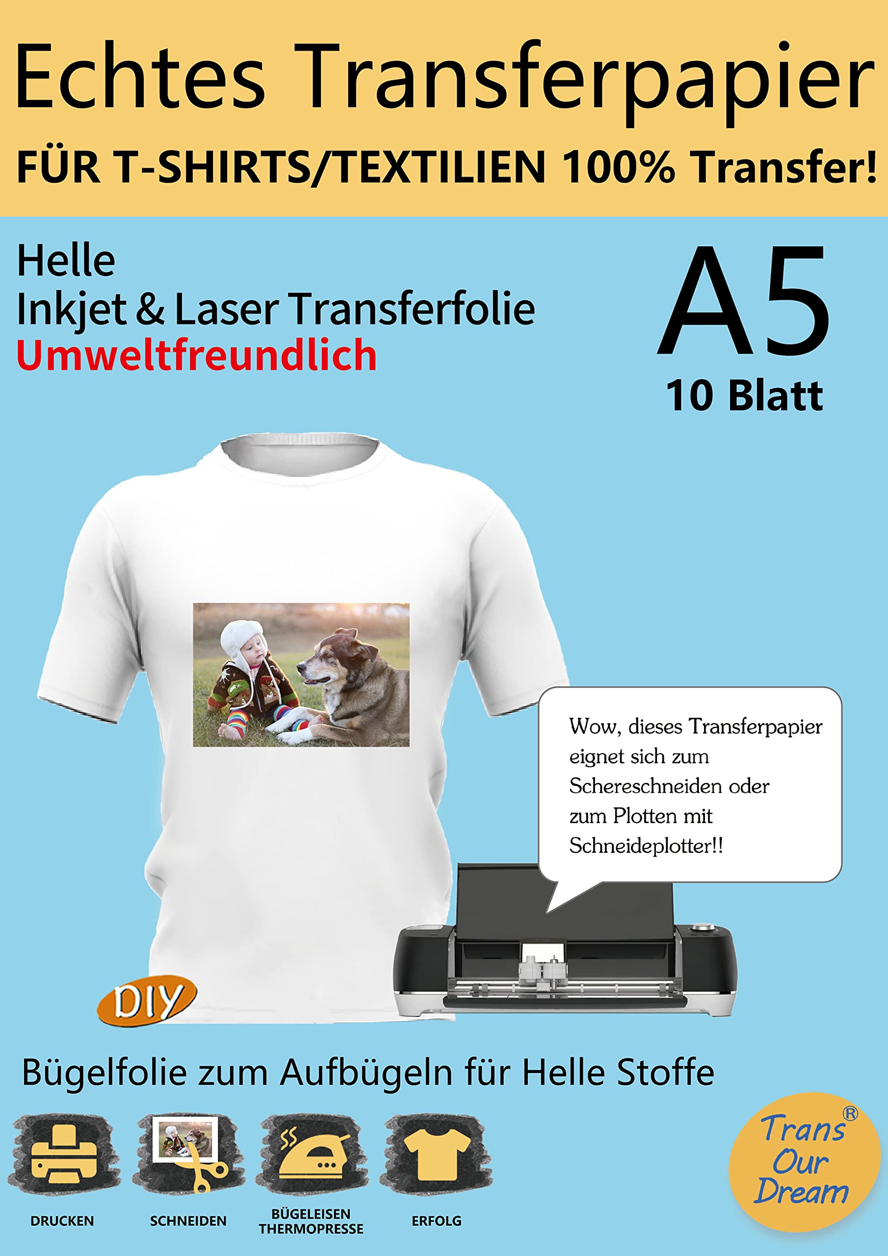 TransOurDream ECHTE Inkjet/Laser Transferfolie Transferpapier,DIN A5X10 Blatt,Bedruckbare Bügelfolie für helle T Shirts/Textilien,Folie für Tintenstrahldrucker und Laserdrucker(2.0-A5-10)