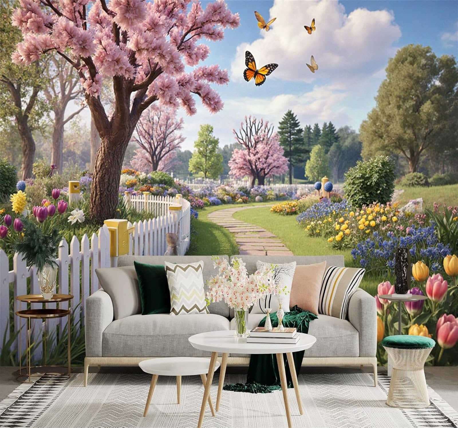 XLMING Spring Garden Path Cherry Blossoms Tulips Butterflies 3D Wallpaper Premium Textured Silk Study Dining Living Room Bedroom Sofa TV Wall Easy Install-300cm×210cm