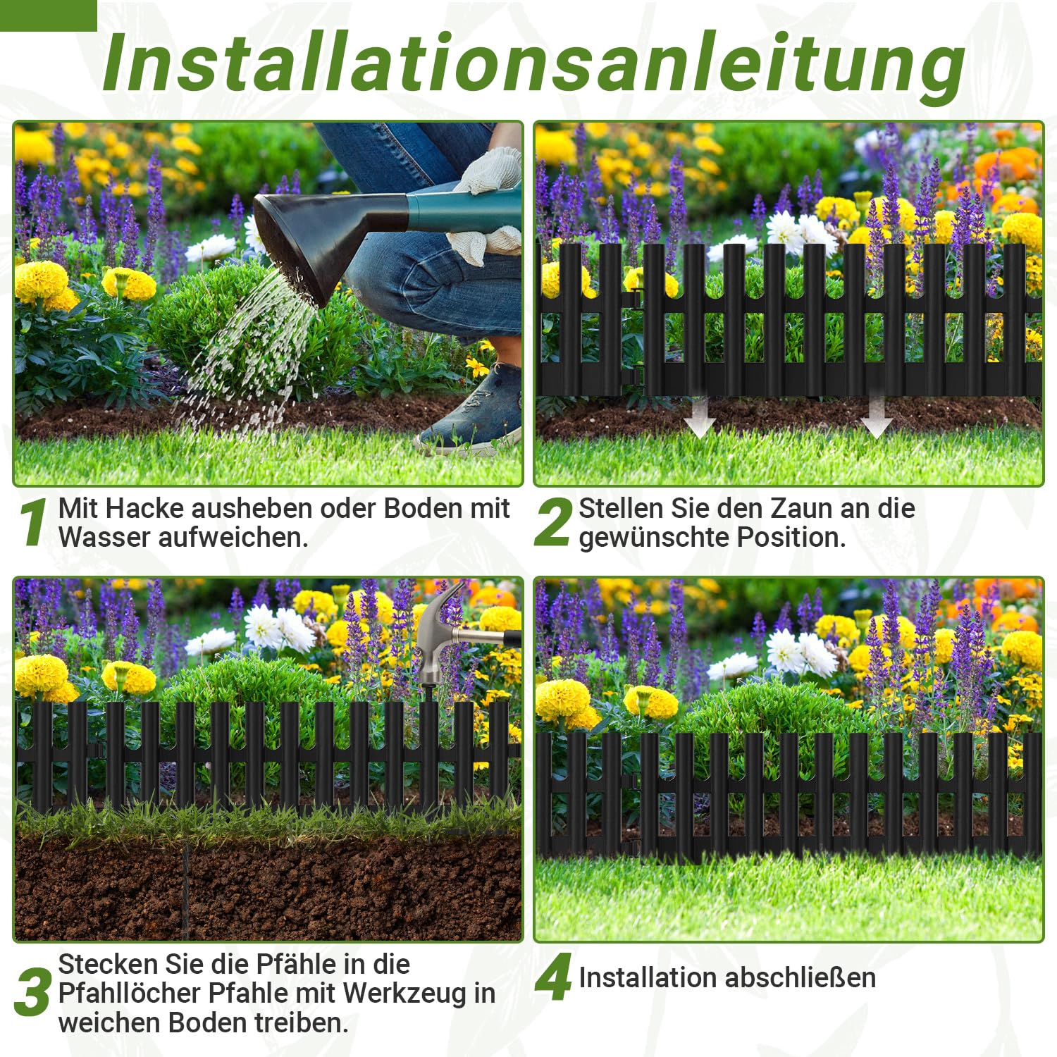 Borde de césped de plástico negro, 10,32 m x 13 cm, juego de 24 cercas con 48 estacas, borde flexible para arriates y fronteras para jardín, césped, parterres y jardín delantero