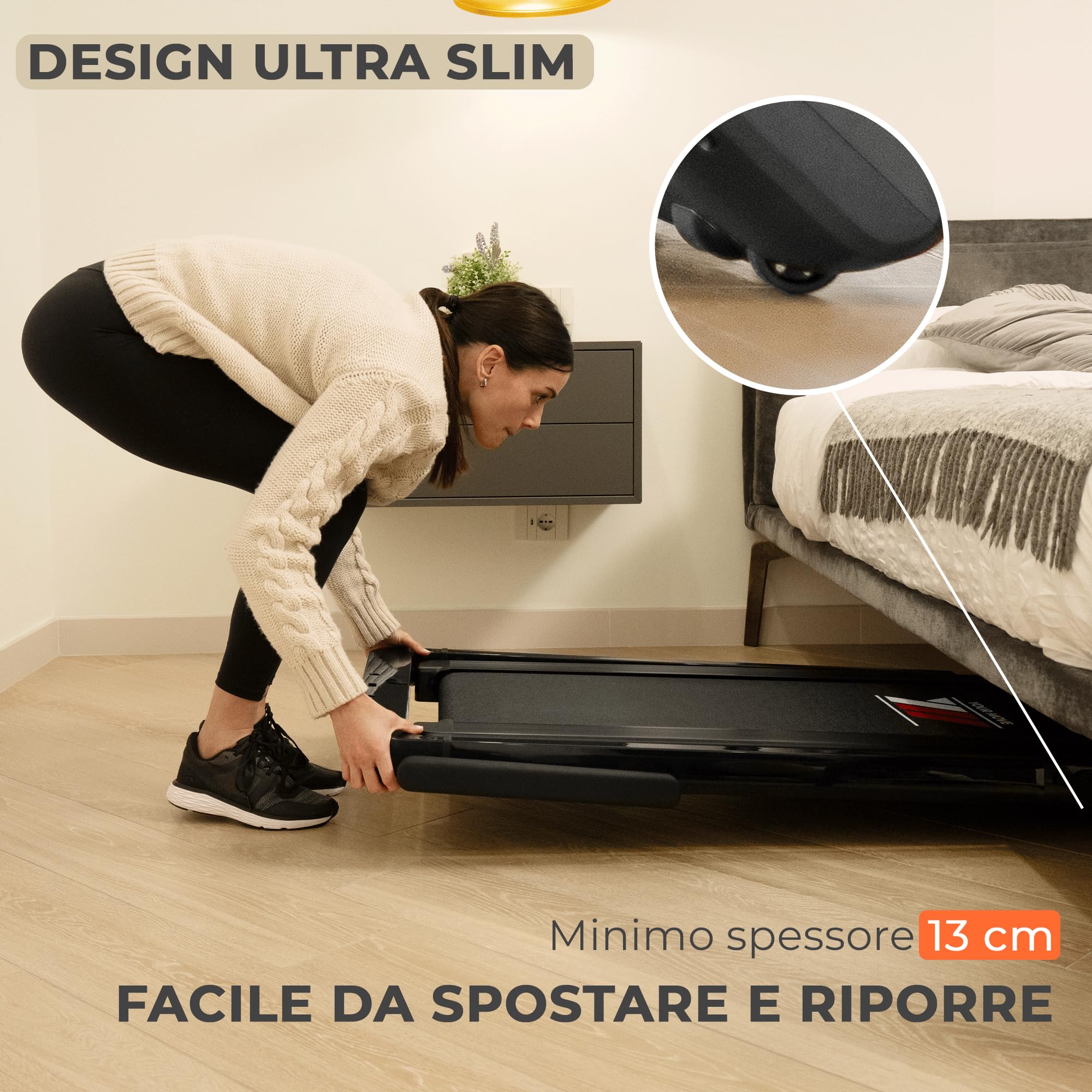 YM Tapis Roulant Elettrico Pieghevole Next 6000, 16 km/h, MARCHIO ITALIANO, Salvaspazio, Bluetooth + APP Interattive Kinomap Zwift Bitgym Fithome, Super Compatto (13 cm Da Chiuso), ASSISTENZA ITALIA