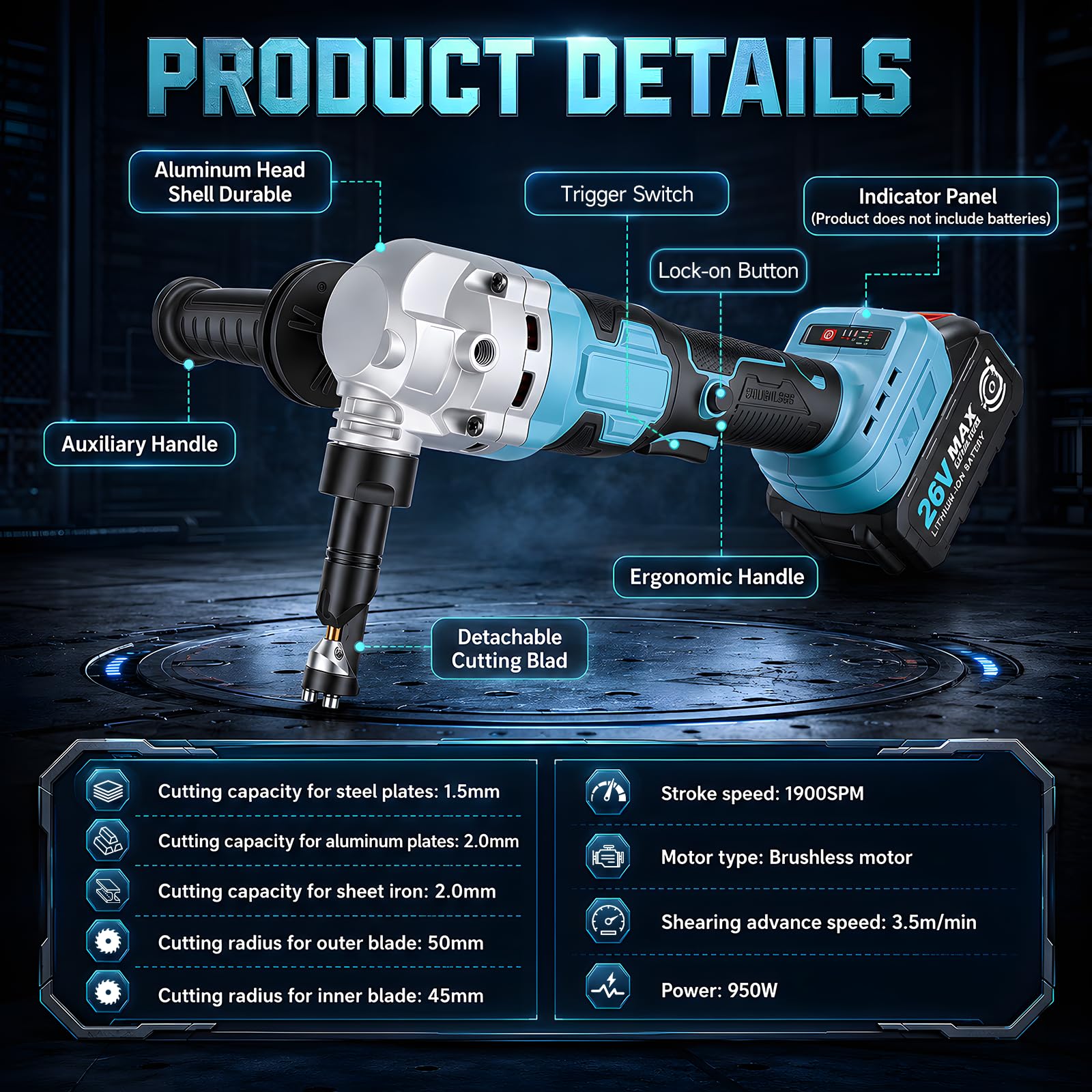 Przyrząd do blachy, zasilany akumulatorem, kompatybilny z akumulatorem Dewalt 18 V | Nasadka do blachy, 1900 SPM, 3,5 m/min, 950 W, 3-stopniowe bezszczotkowe nożyce elektryczne do metalu