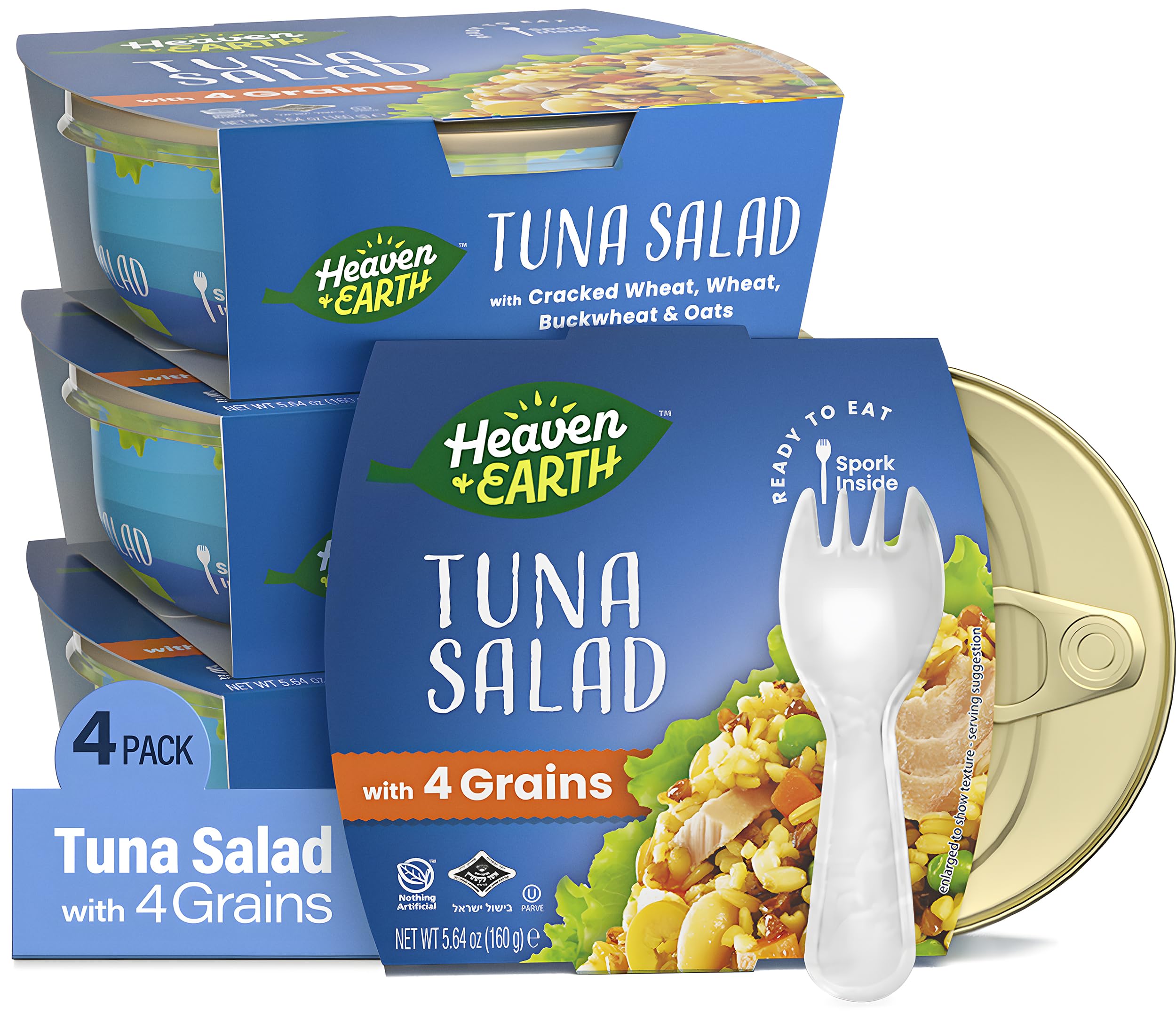 Heaven & Earth Ready to Eat Tuna Salad, Beans & Four Grains, 5.64oz (4 Pack) | Tuna in Olive Oil. Beans, Wheat, Spelt, Oats, Barley & Olives | Nutrition Packed | Travel Friendly Meals | Spork Included | Kosher