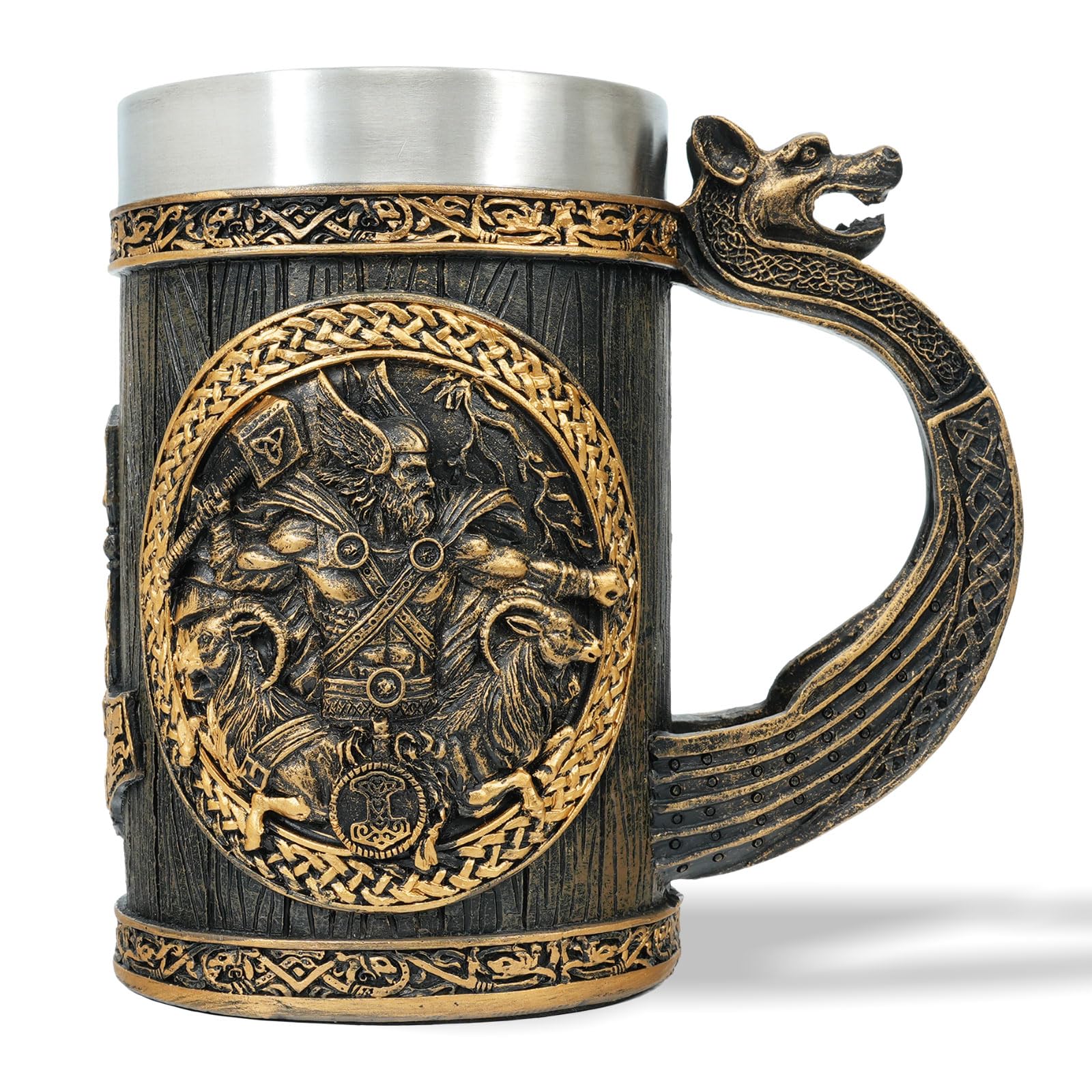 AtSKnSK Chope à bière viking en acier inoxydable avec une anse mythologie nordique marteau de Thor arbre de vie café chope à bière valhalla cadeau viking pour hommes et femmes (marteau de Thor)