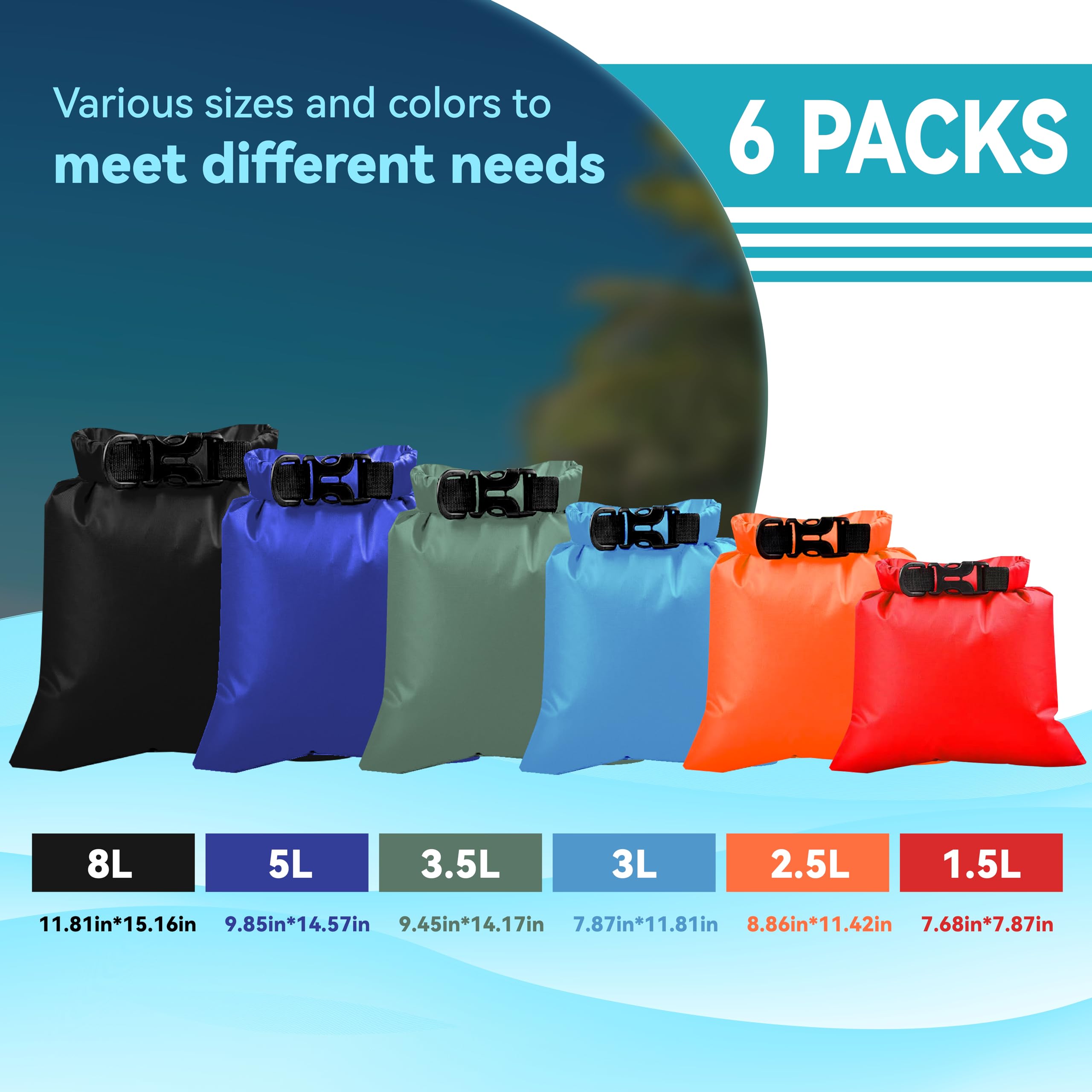 ILZAR 6PCS Dry Bags Waterproof, Lightweight Dry Bags for Kayaking Waterproof?Outdoor Waterproof Bag for Kayaking Hiking Boating Camping